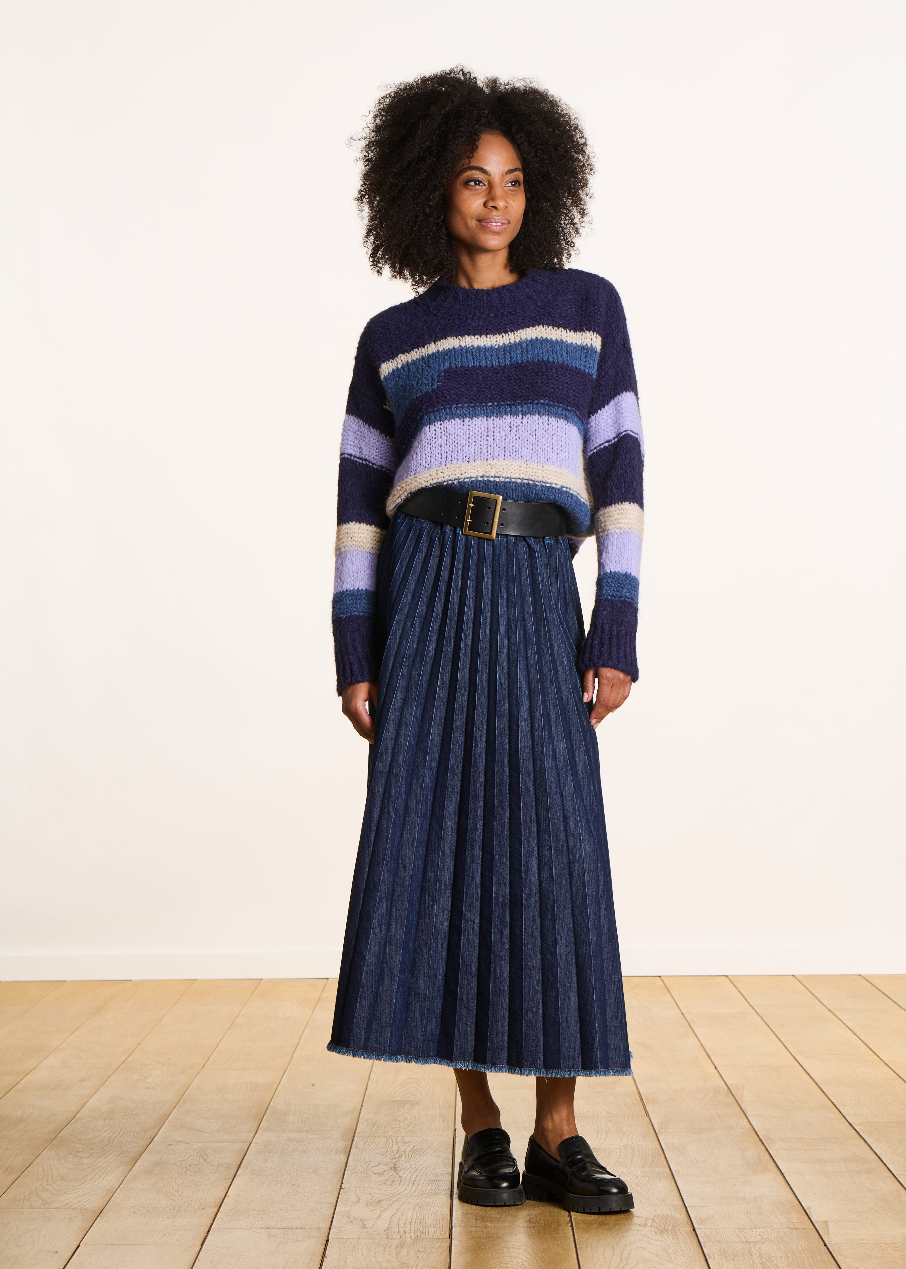 Falda larga plisada de mezclilla cruda La Fée Maraboutée