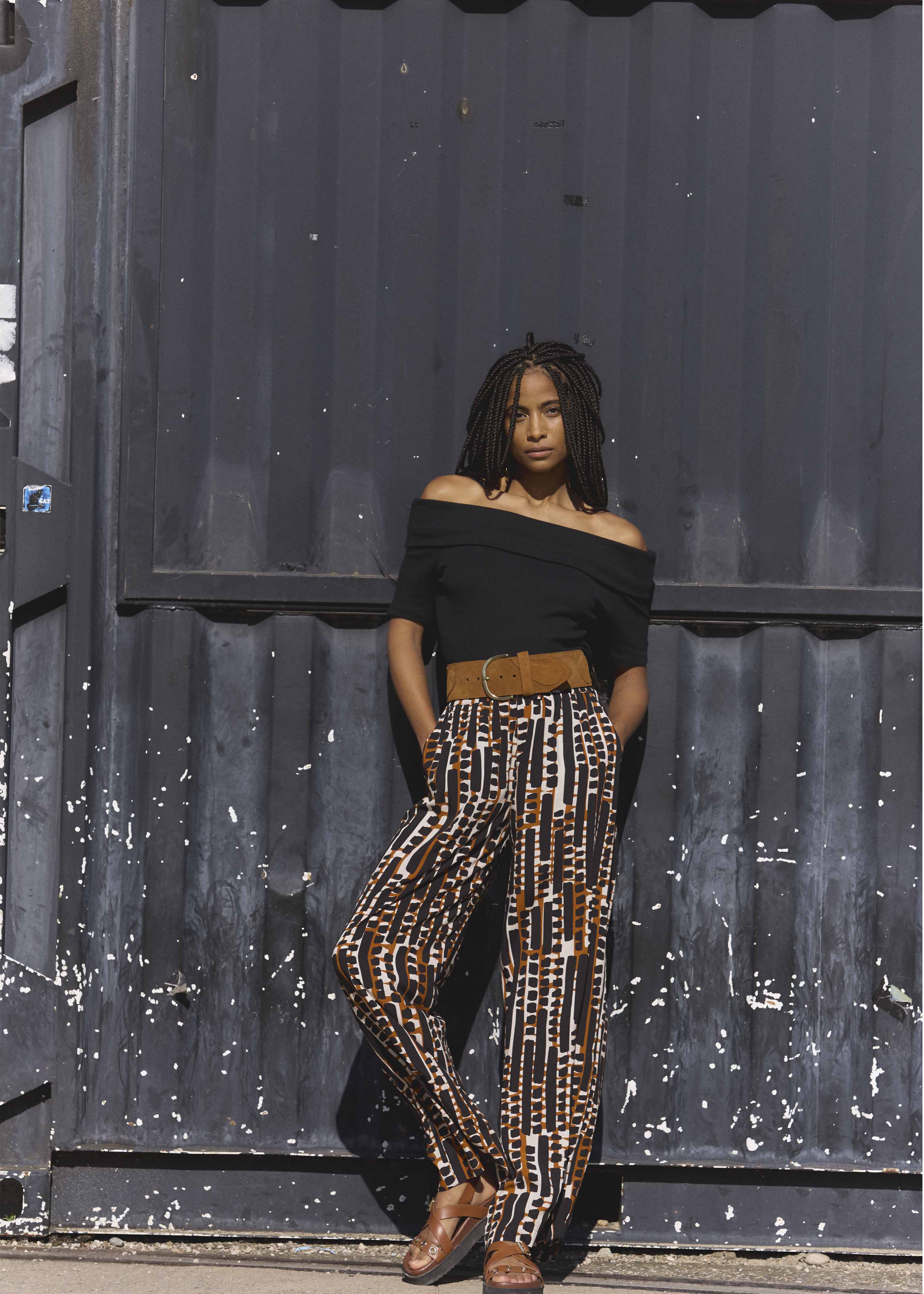 Pantalon fluide marron à imprimé taille élastique La Fée Maraboutée