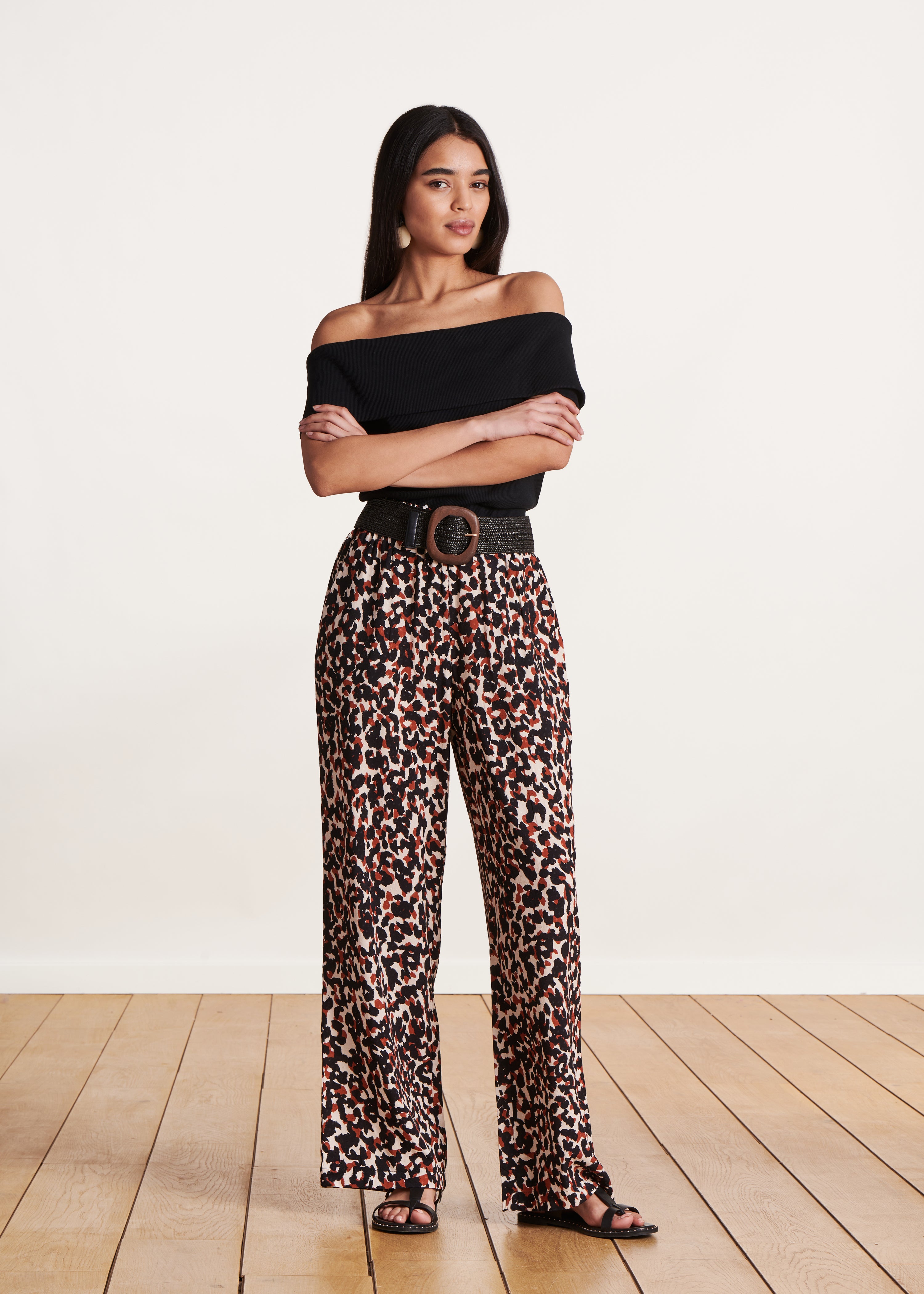 Pantalon large fluide imprimé léopard à taille élastiquée La Fée