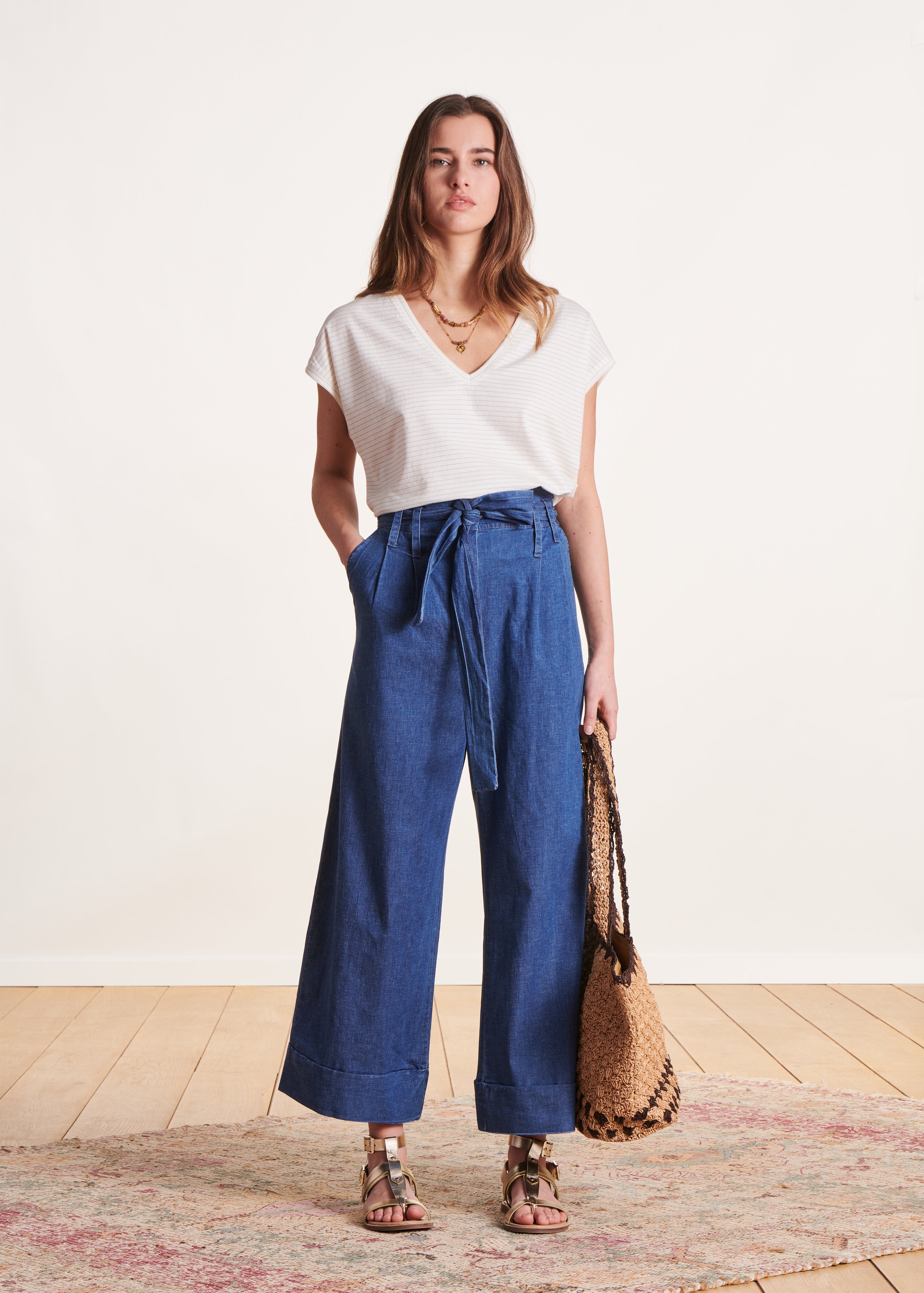 Trousers Jean Fluide Femme Pantalon Large Fluide Bleu à Taille Haute