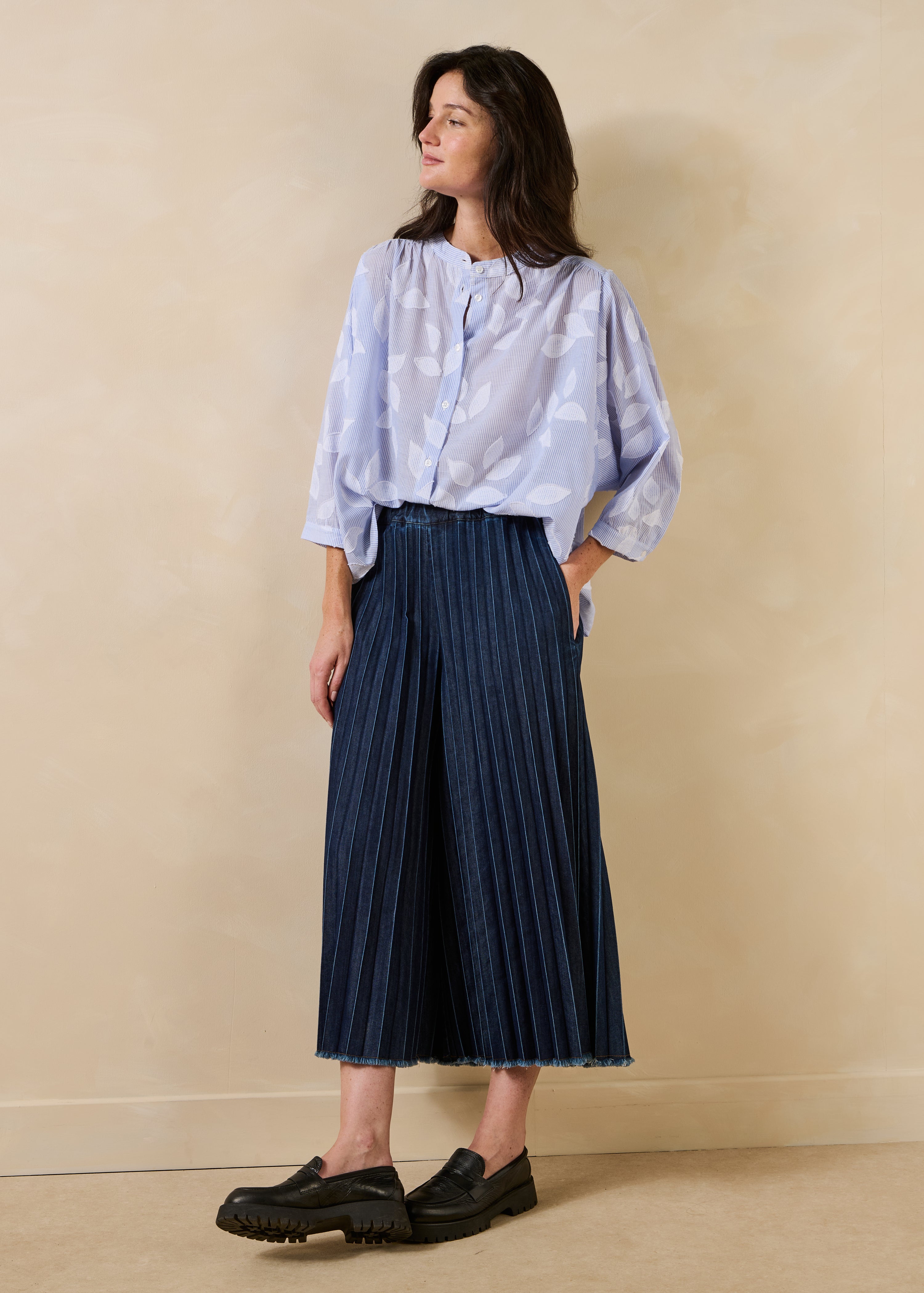 Raw denim culotte trousers with elastic waist