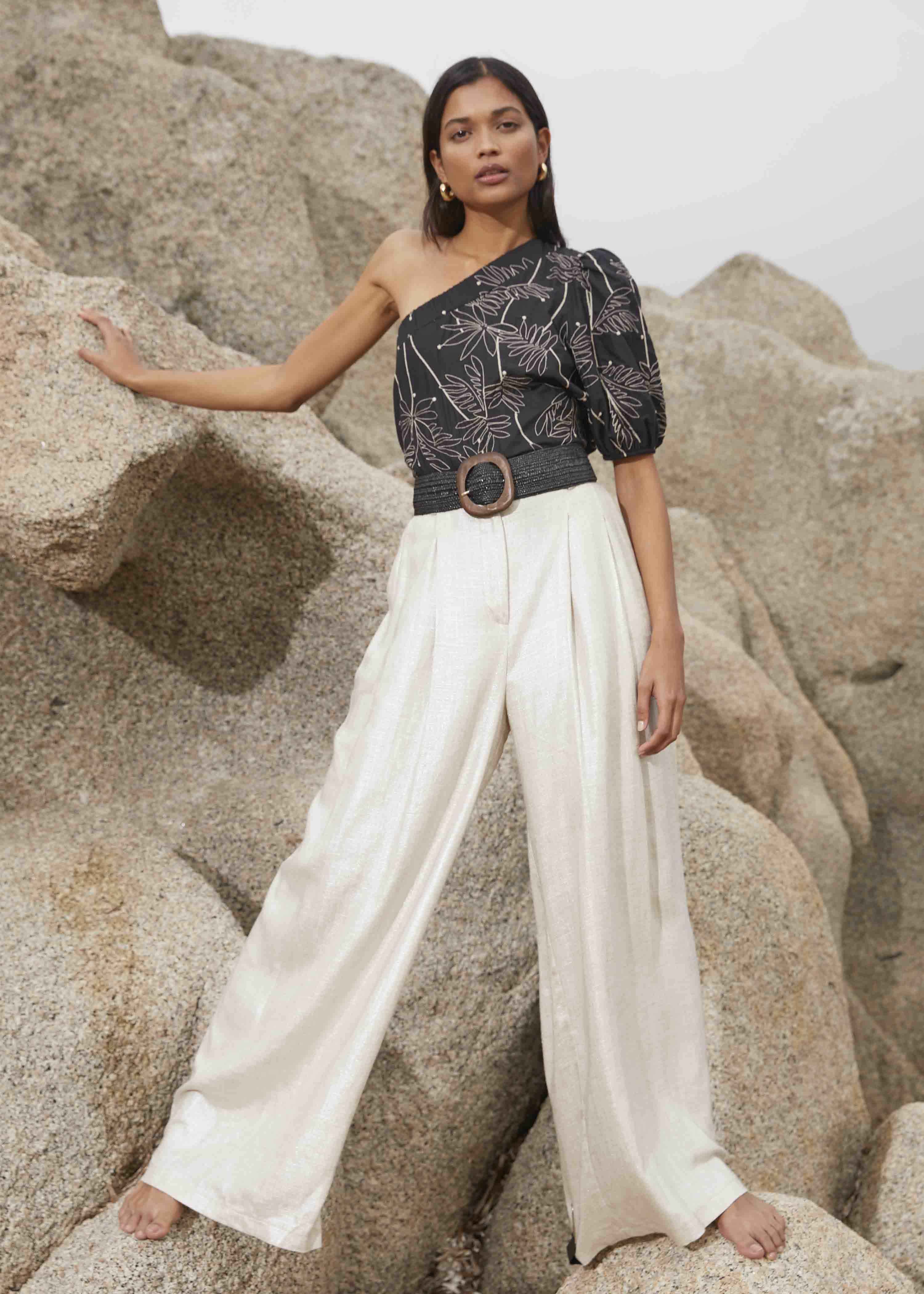 Pantalon ample beige irisé en lin foiled taille haute La Fée