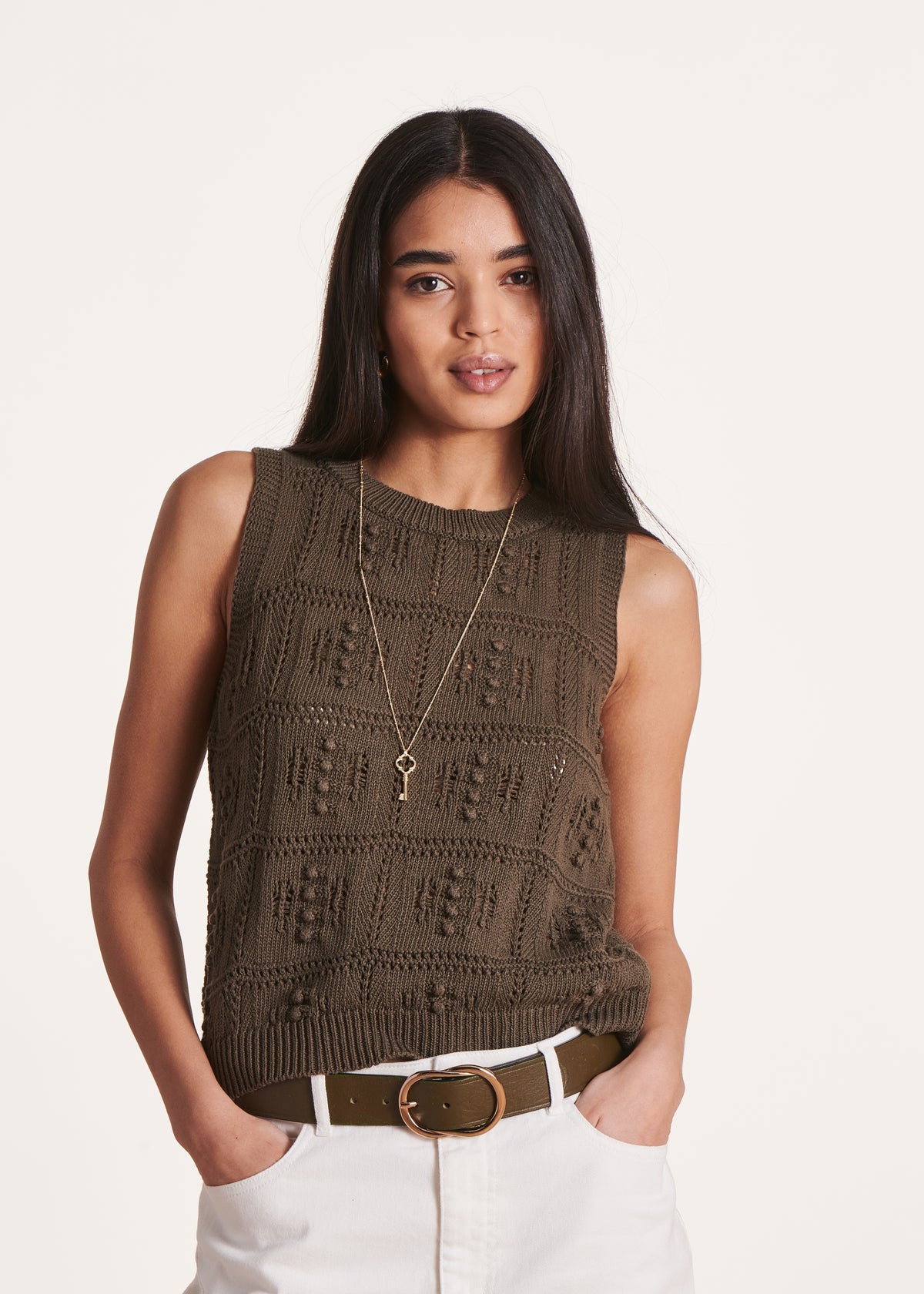 Brown sleeveless crochet jumper