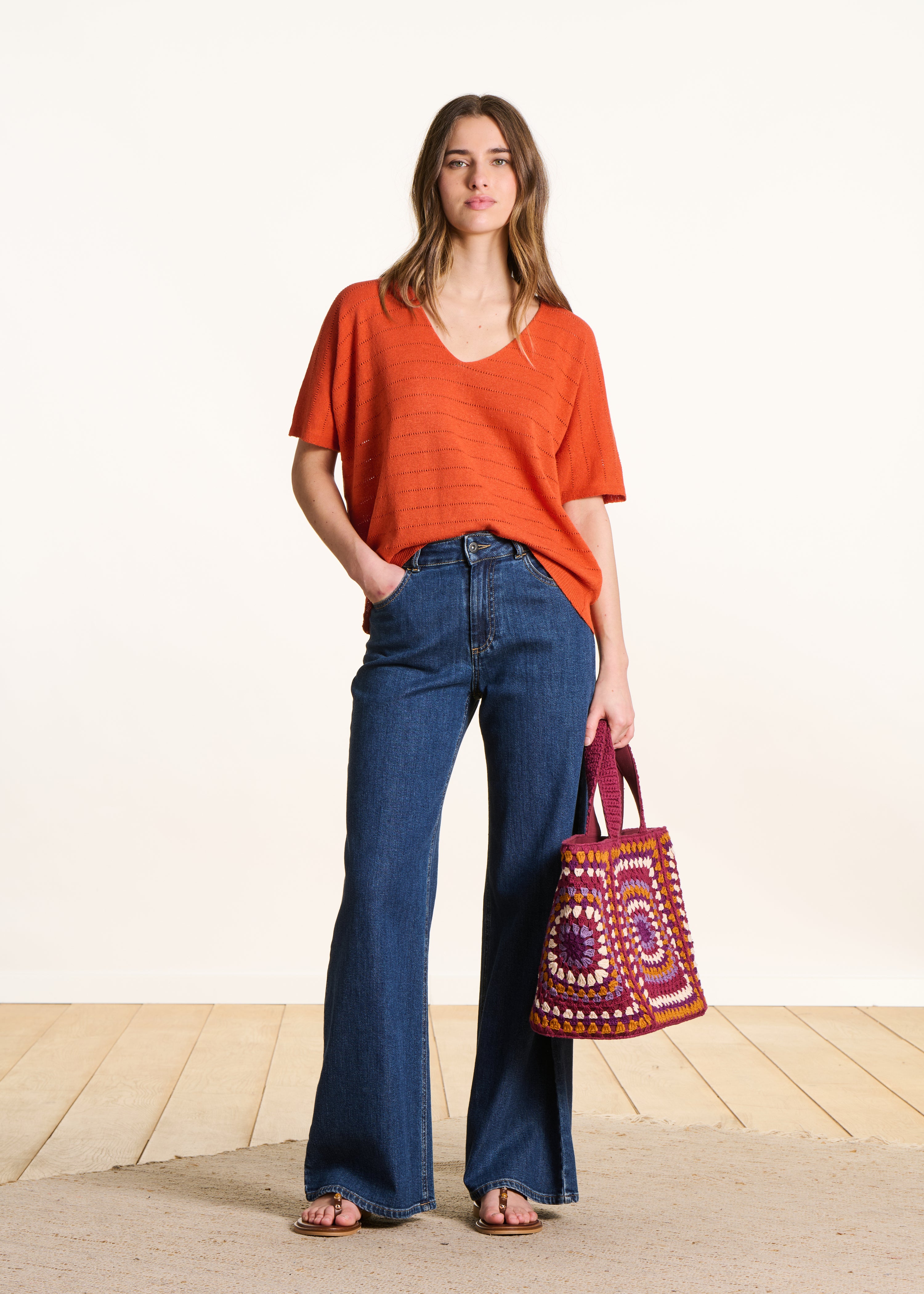 Oversized oranje ajour trui met korte mouwen