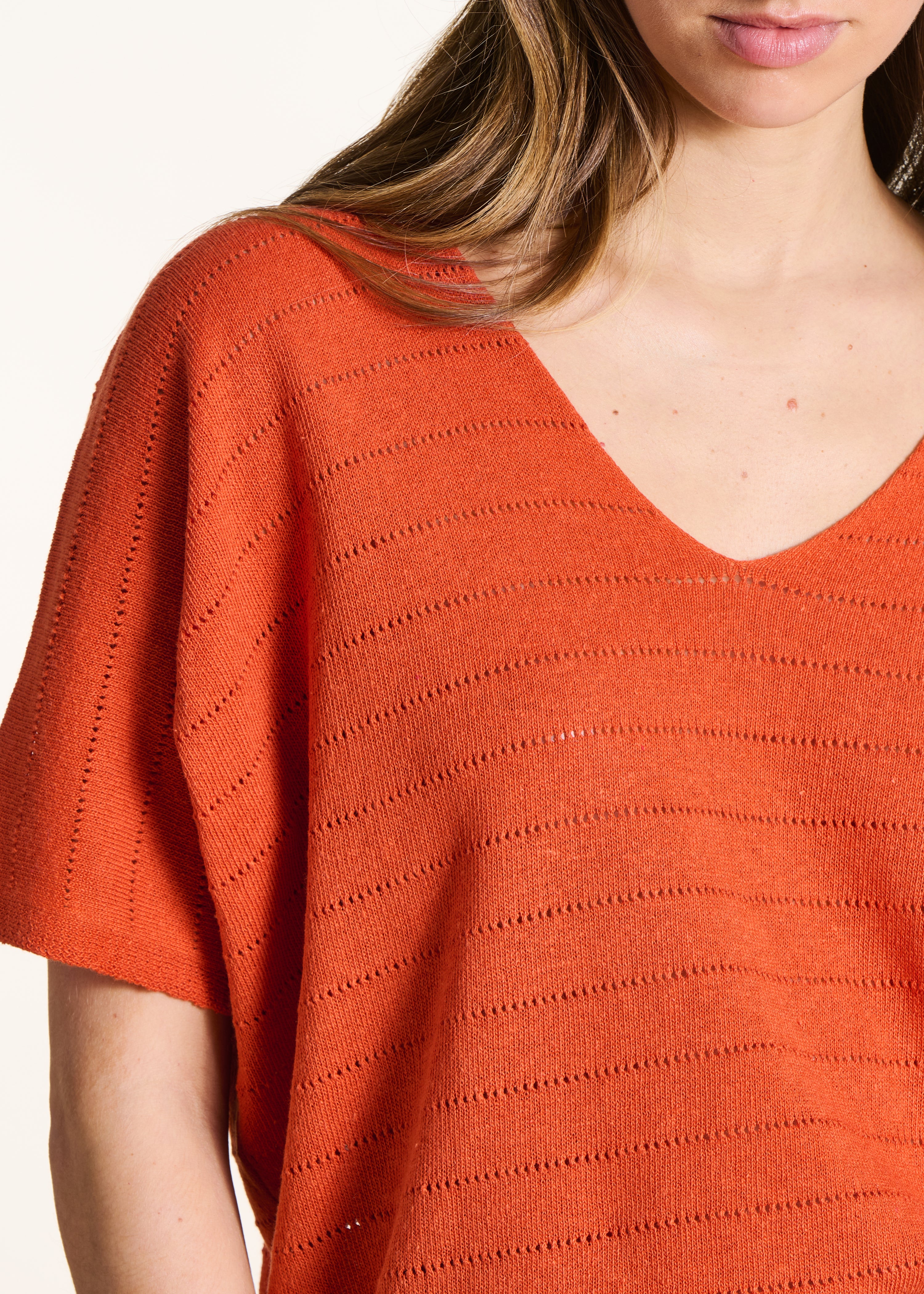 Oversized oranje ajour trui met korte mouwen