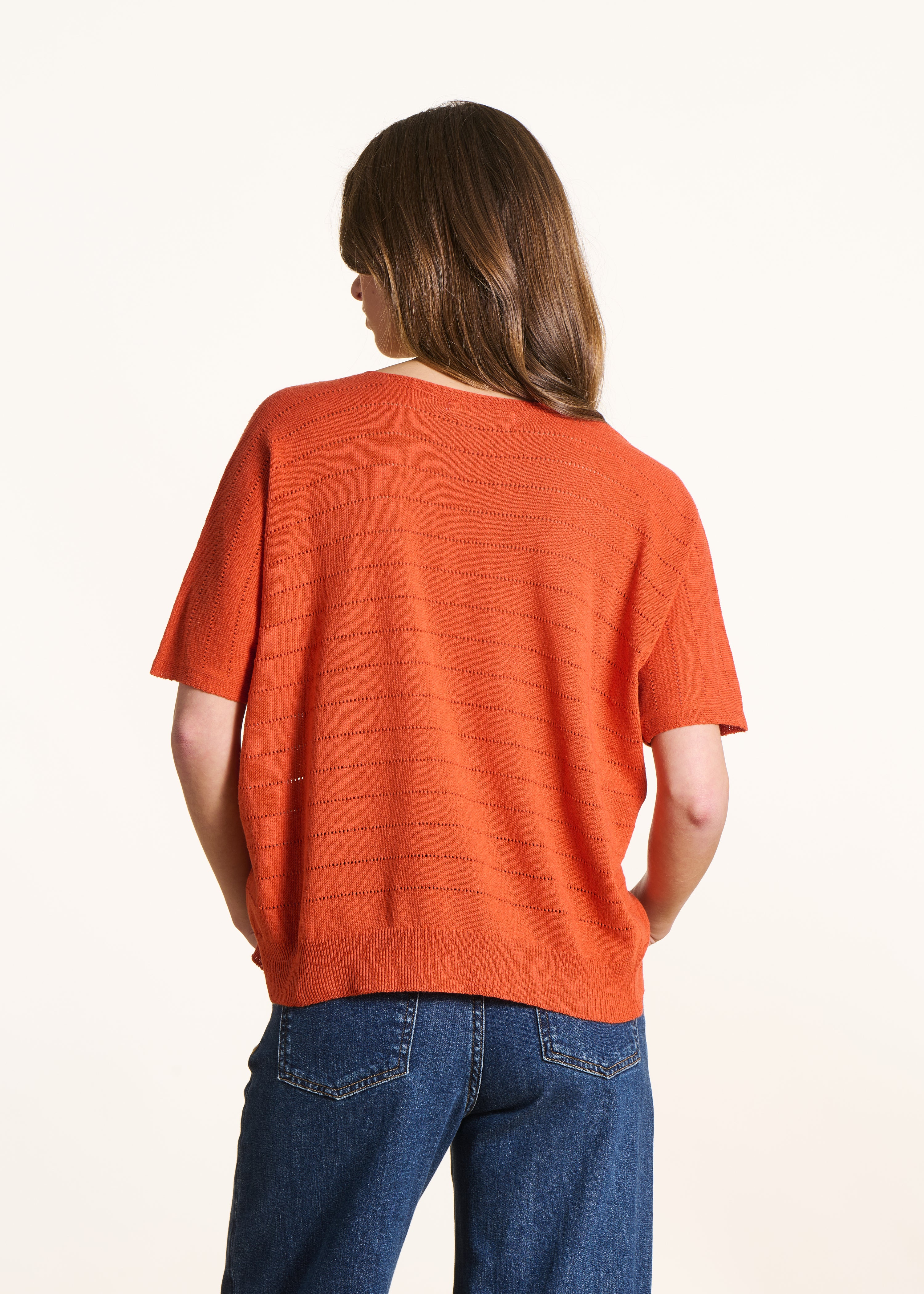 Oversized oranje ajour trui met korte mouwen