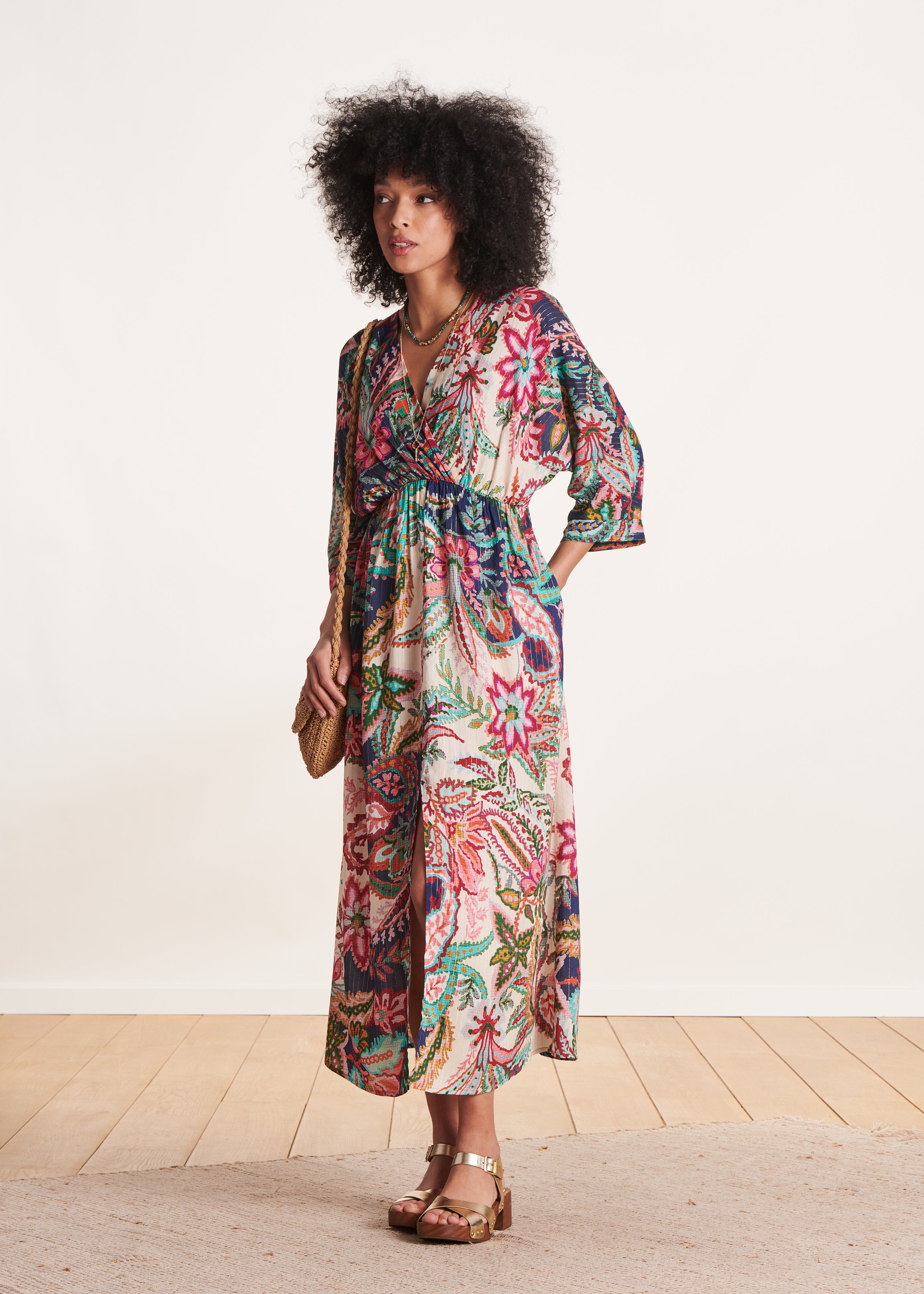 Robe longue imprimé rose et bleu à manches longues La Fée Maraboutée