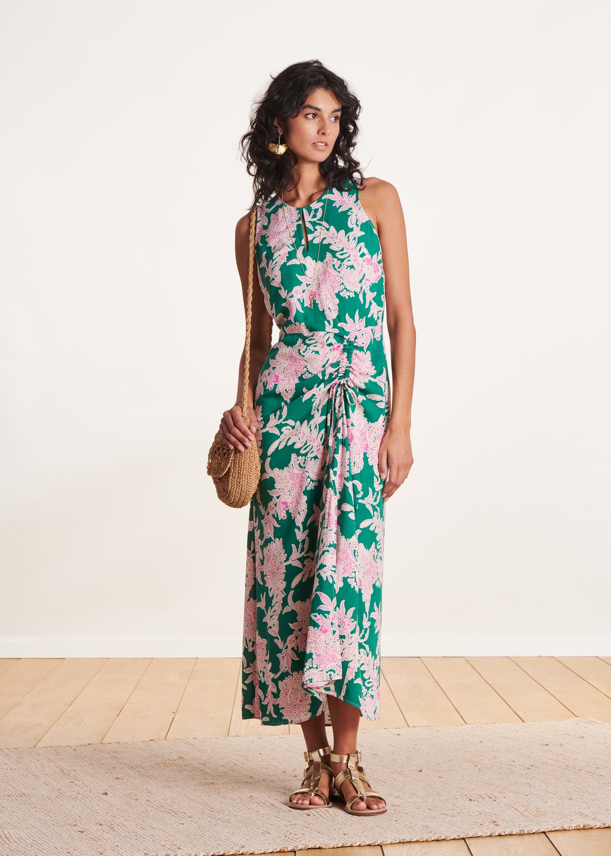 Green and pink floral print midi-length flowing dress