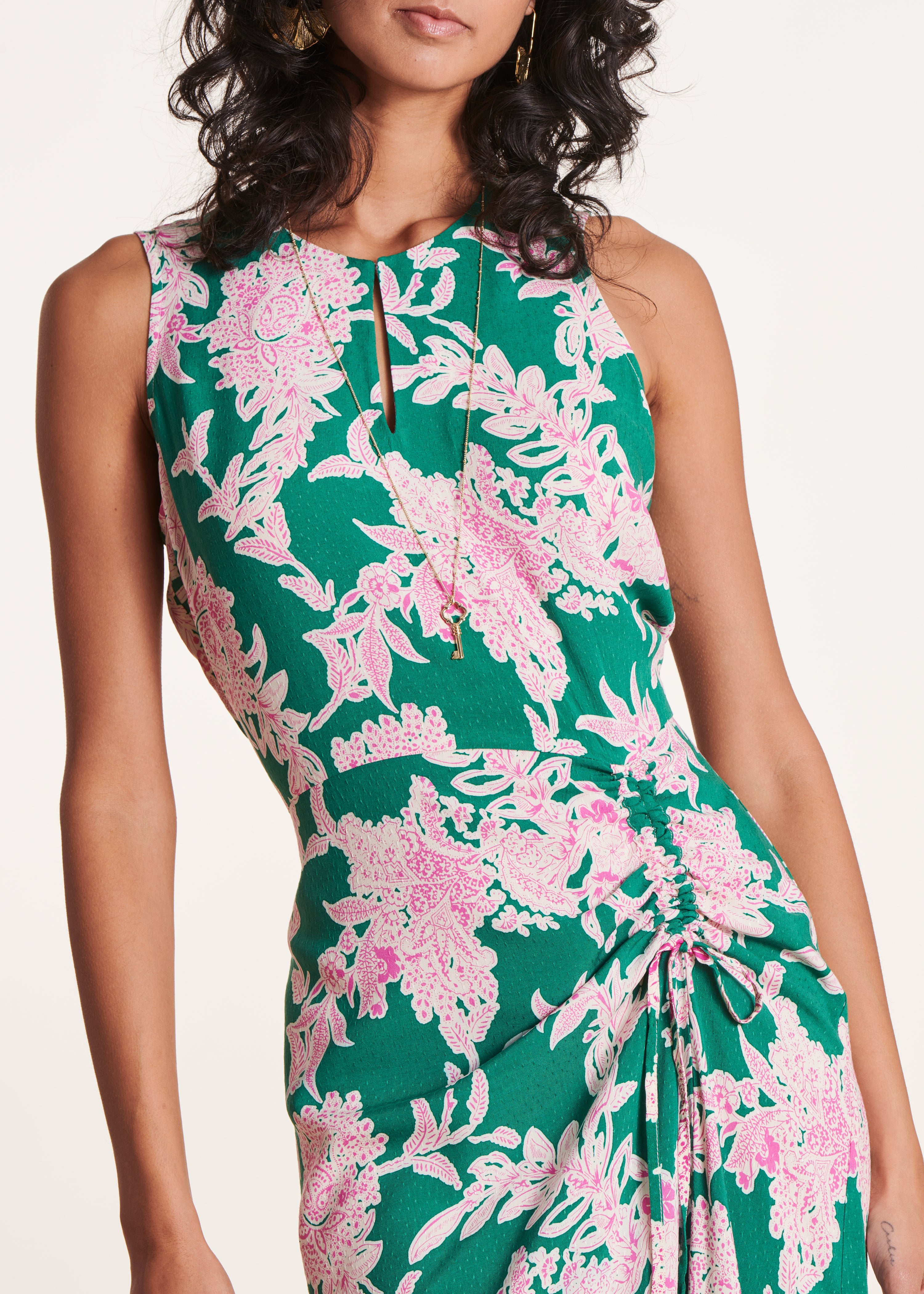 Green and pink floral print midi-length flowing dress