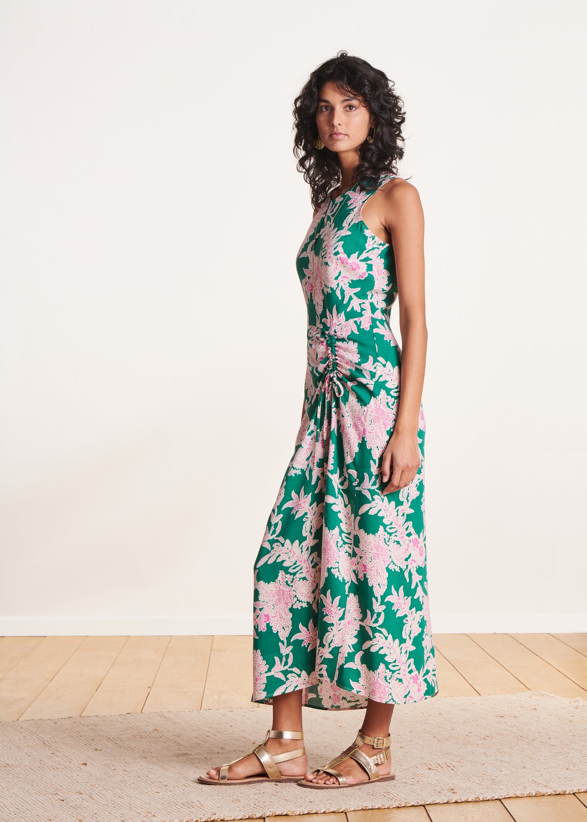 Green and pink floral print midi-length flowing dress