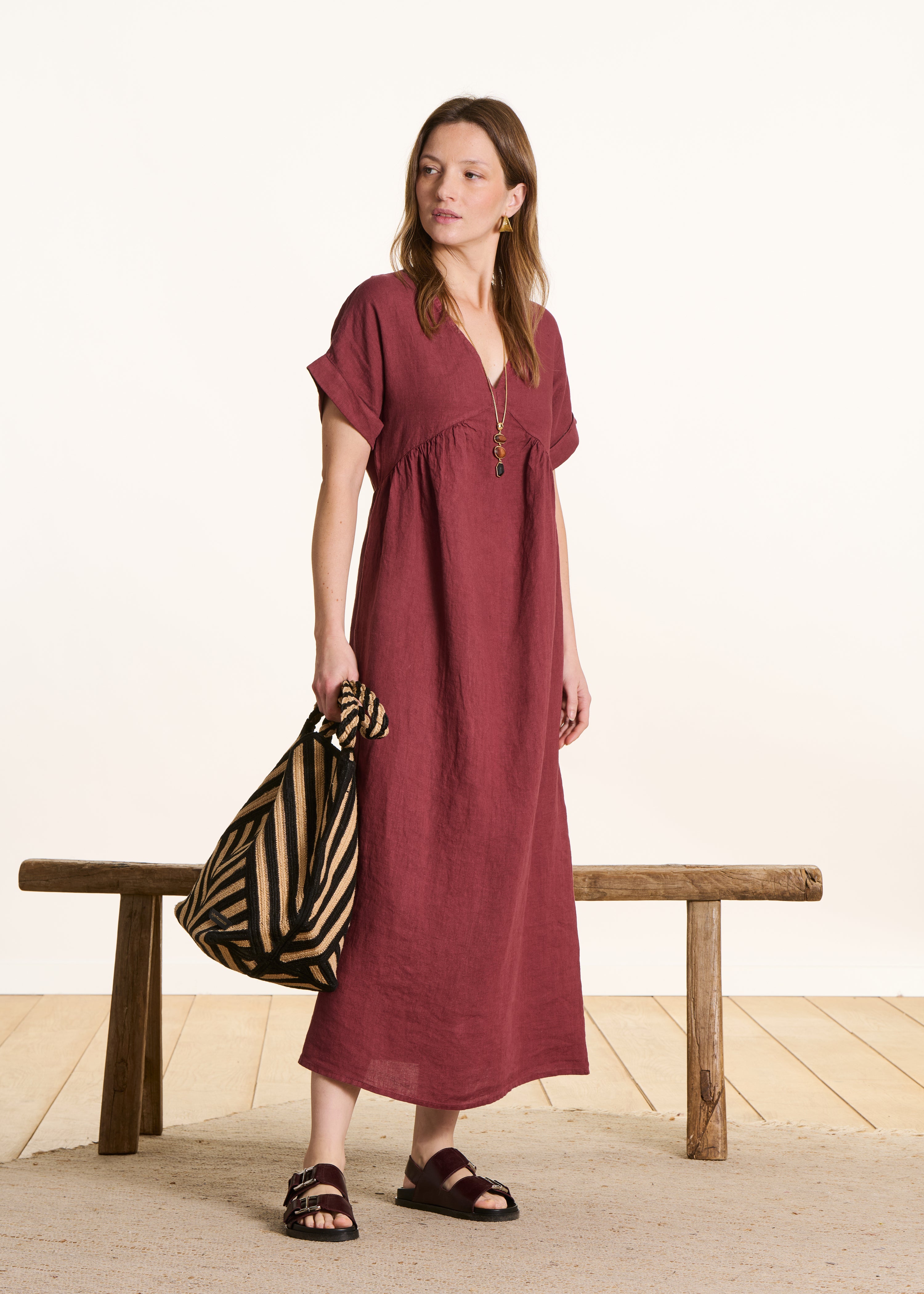 Loose long brown linen dress with short sleeves