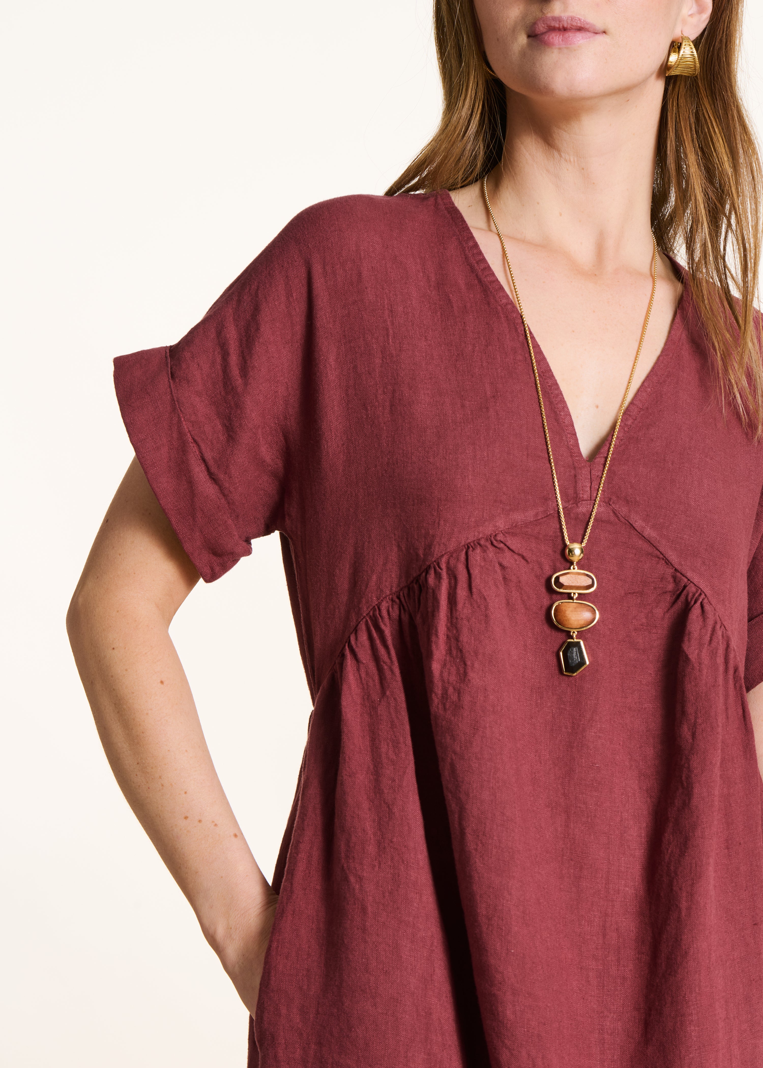 Loose long brown linen dress with short sleeves