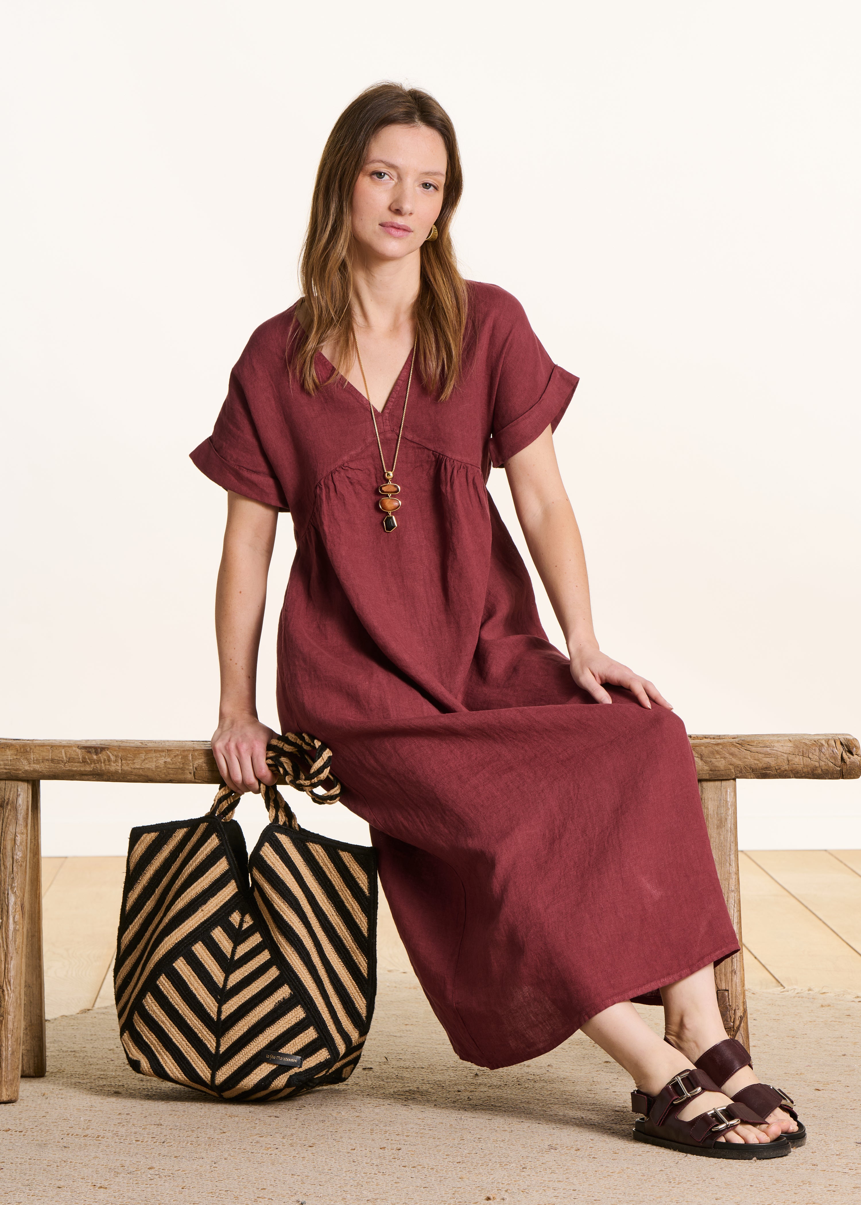 Loose long brown linen dress with short sleeves
