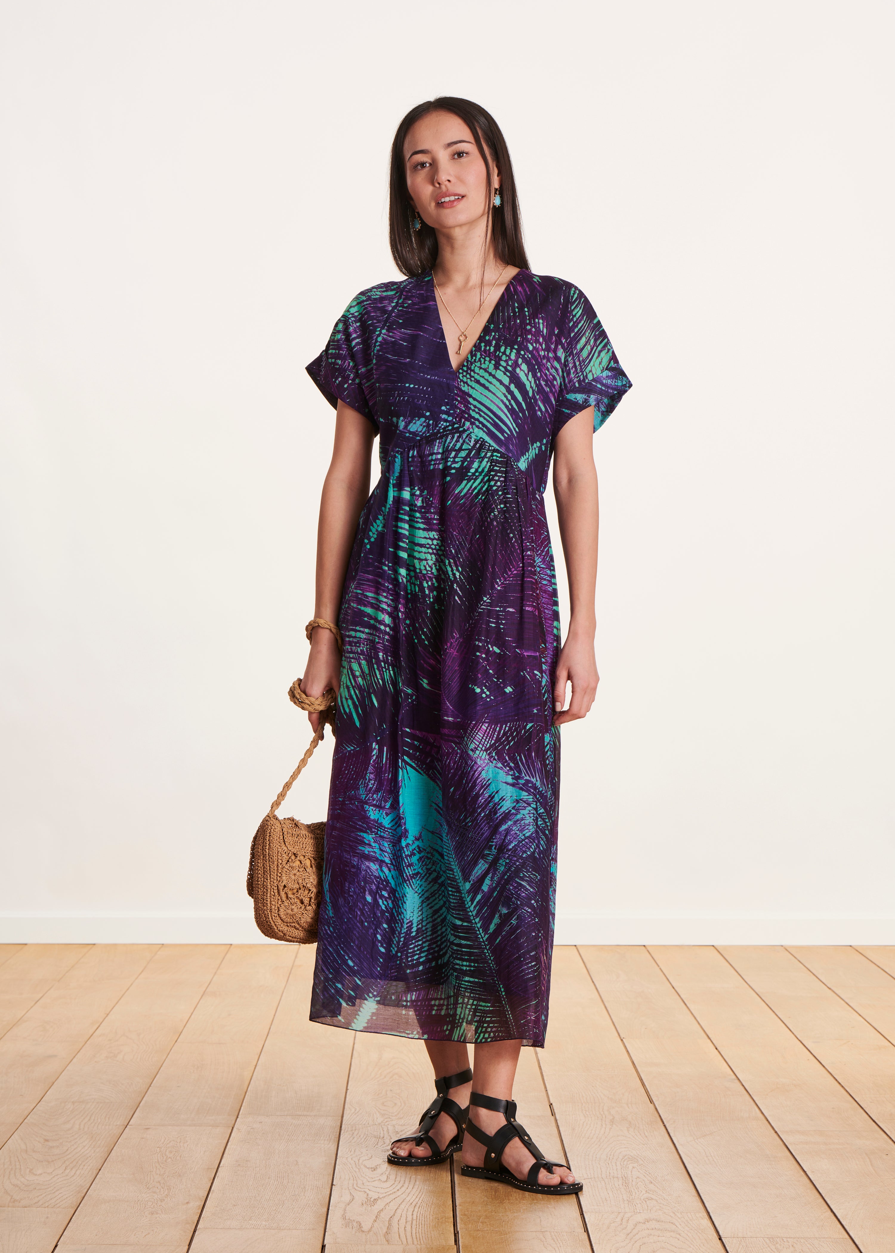 Maxi abito svasato viola in voile di cotone/seta stampato La Fée