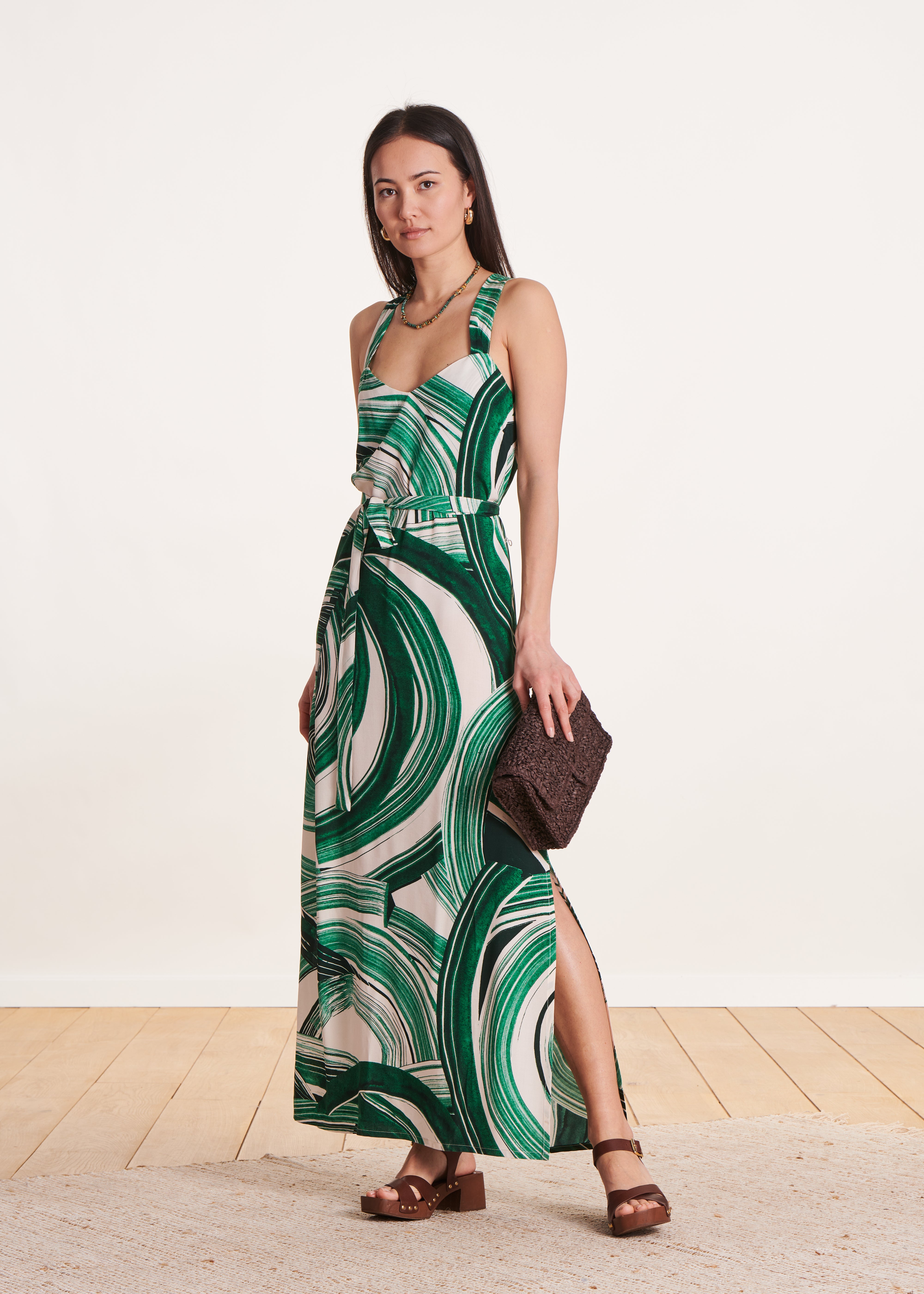 Robe longue vert imprimée à bretelles La Fée Maraboutée