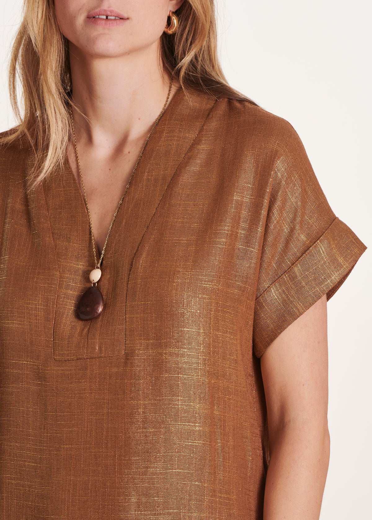 Robe courte en lin foiled bronze manches courtes