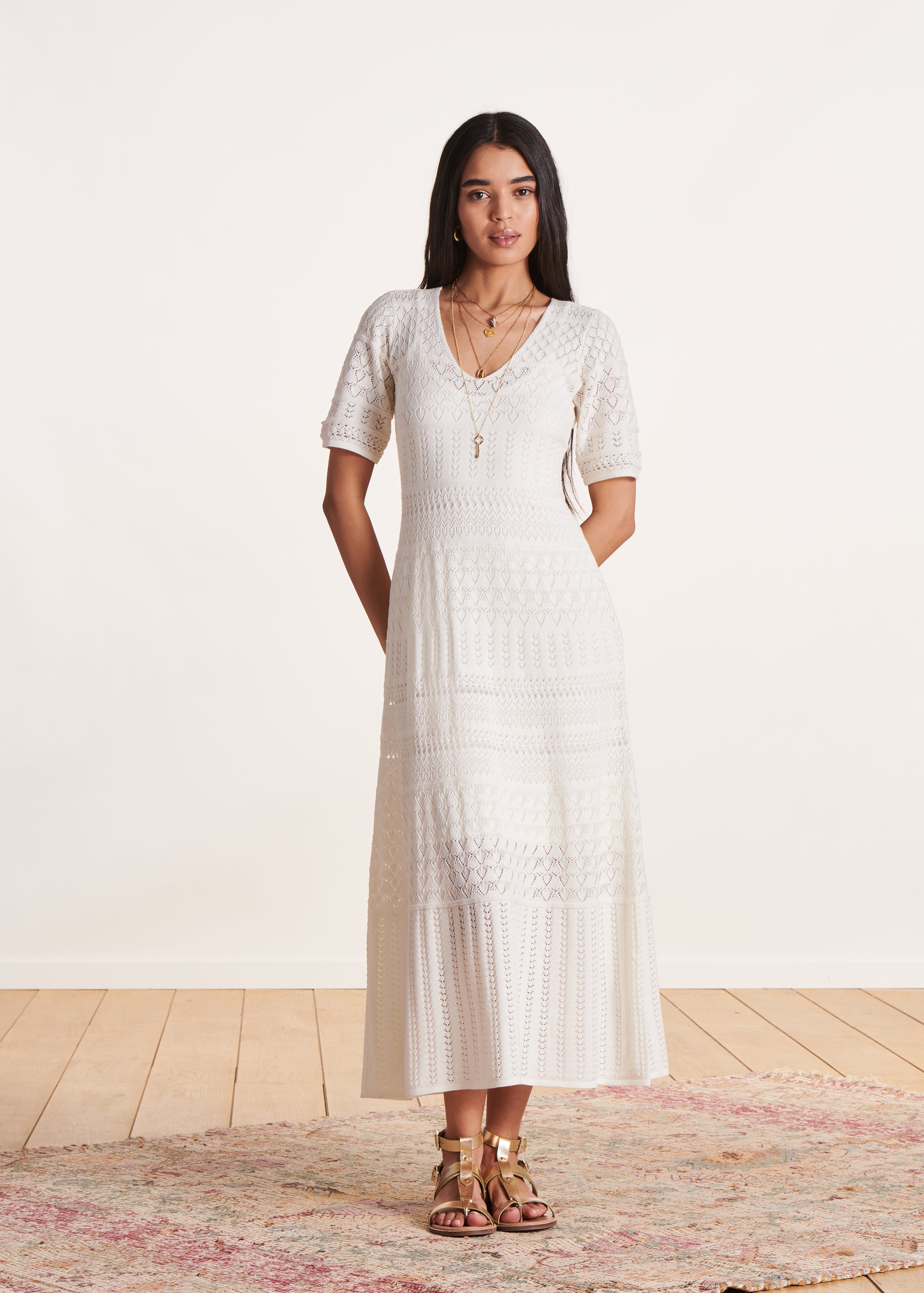 Ecru pointelle gebreide maxi-jurk, korte mouwen La Fée Maraboutée