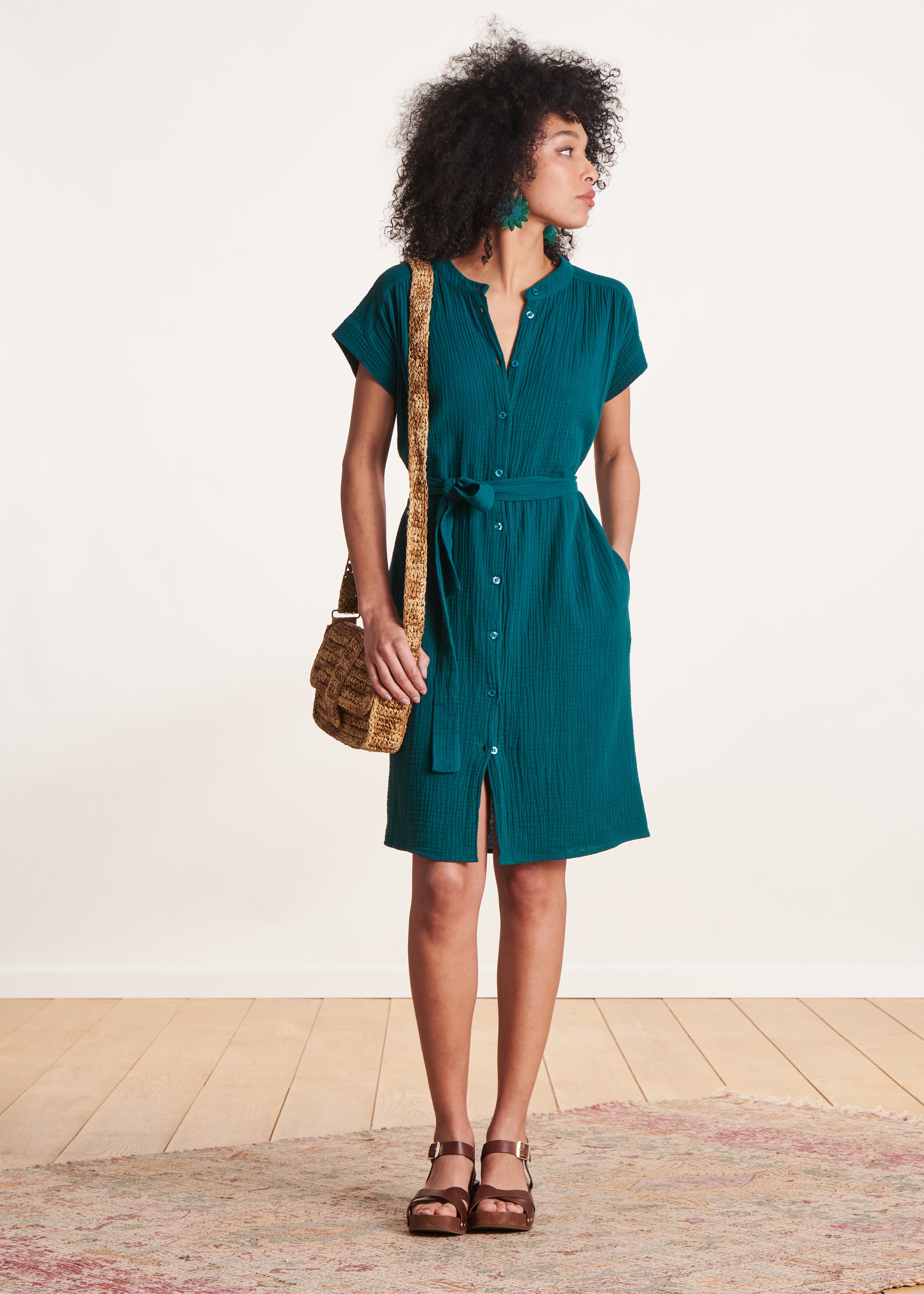 Duck blue short dress in organic cotton gauze