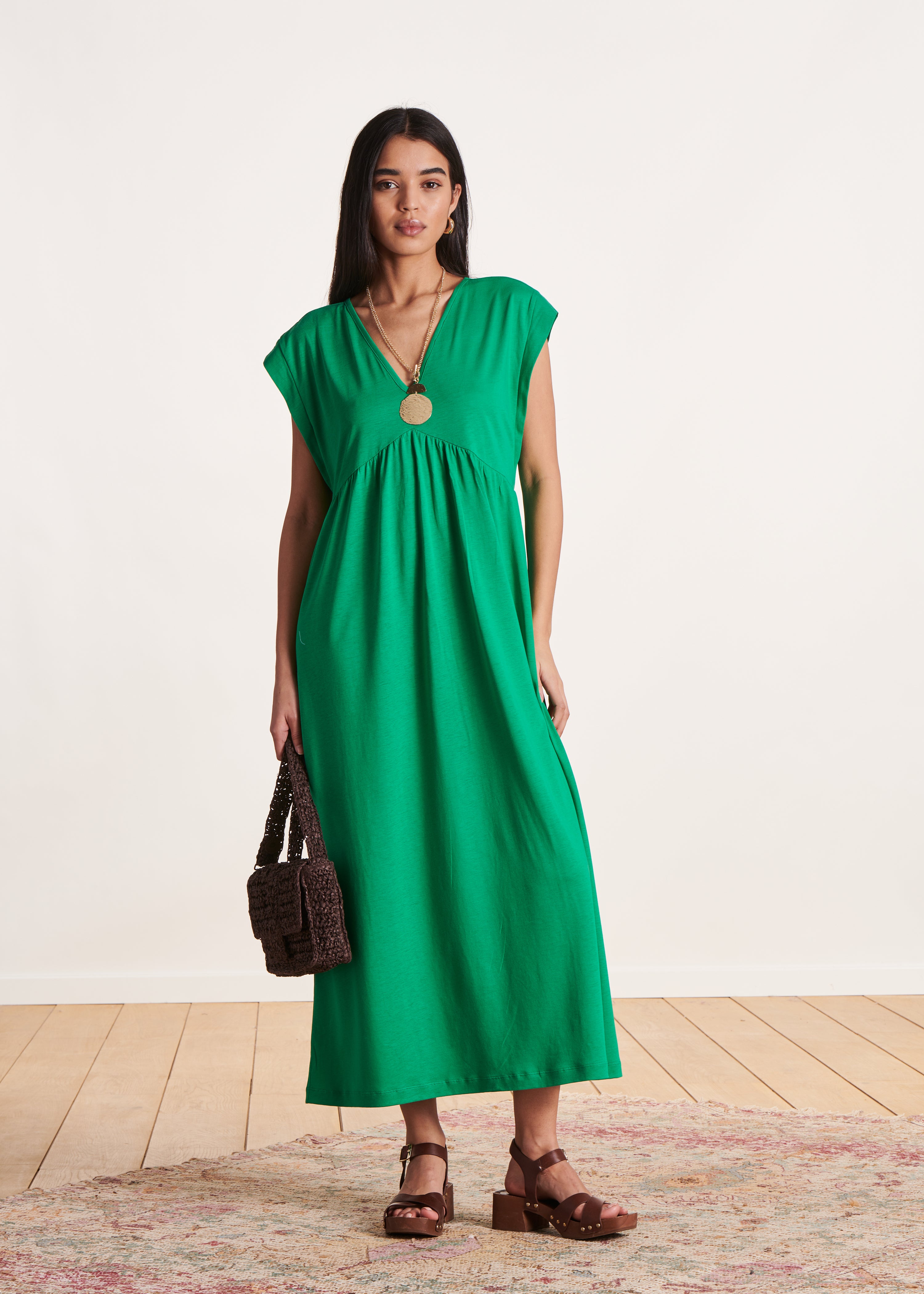 Fluide Longue Robe En Viscose Fluide Robe Mi-longue Fluide Verte à Col V En Lyocell La Fée Maraboutée