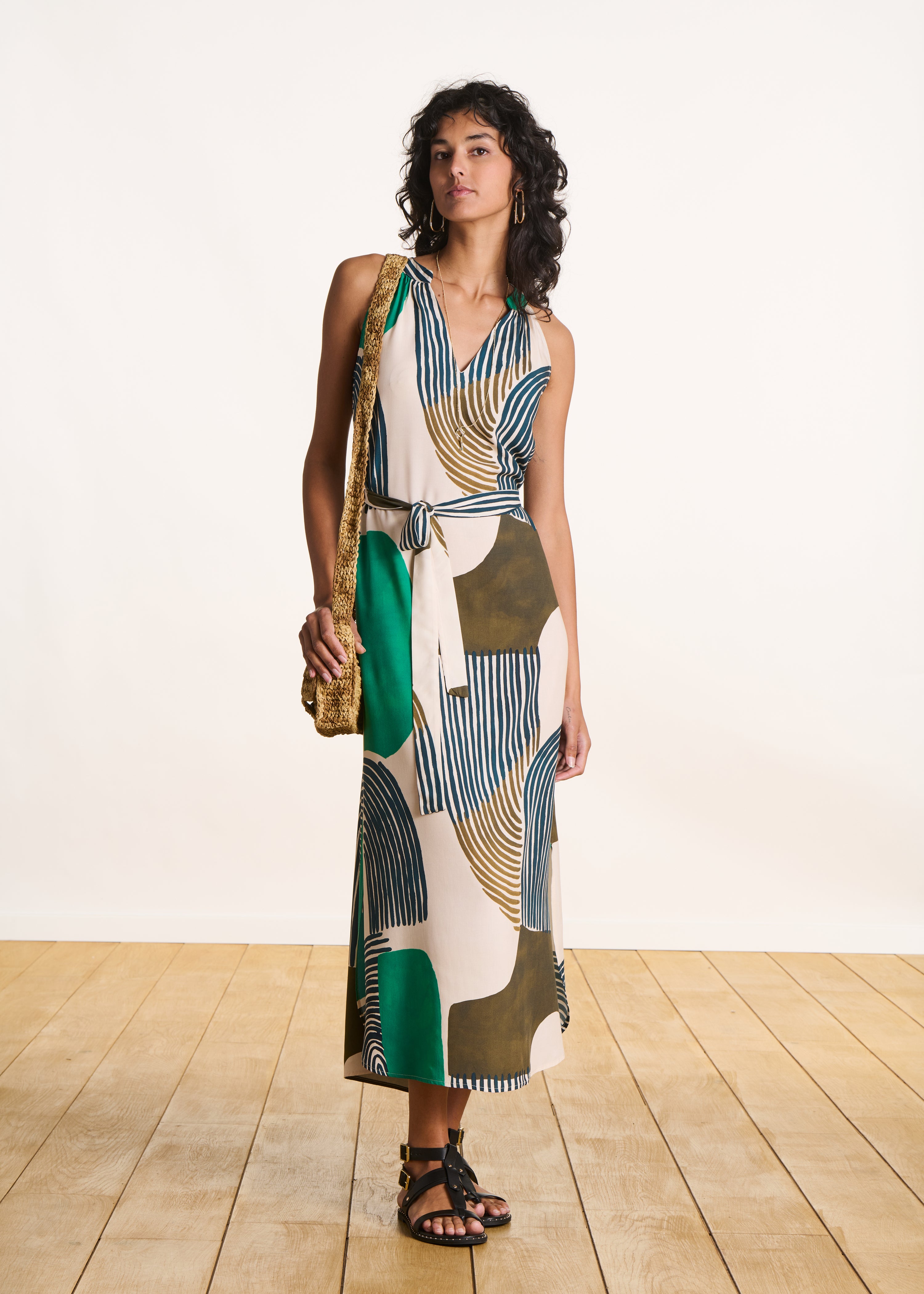 Robe longue et ample sans manches verte à imprimé La Fée Maraboutée