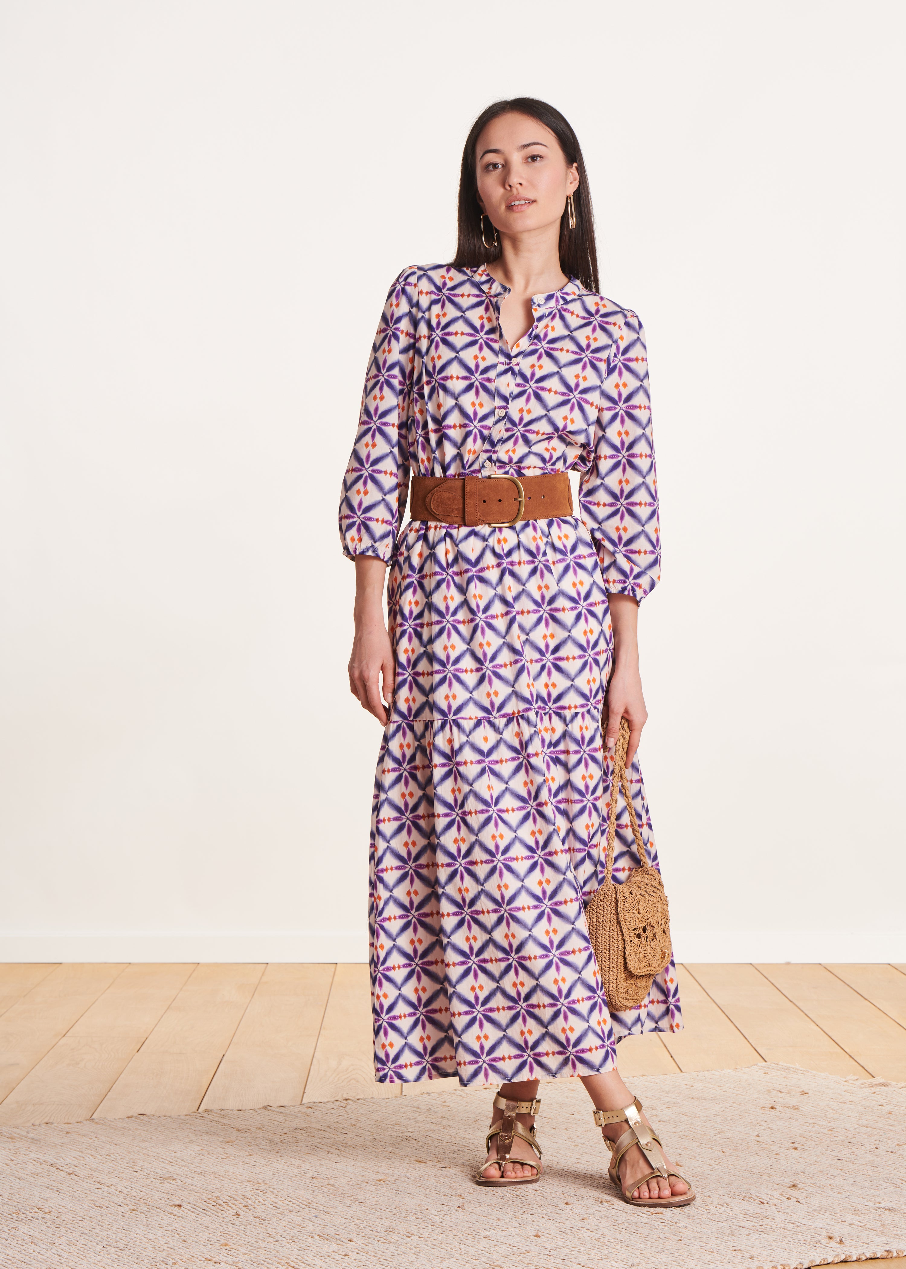 Maxi abito in voile di cotone con stampa viola La Fée Maraboutée