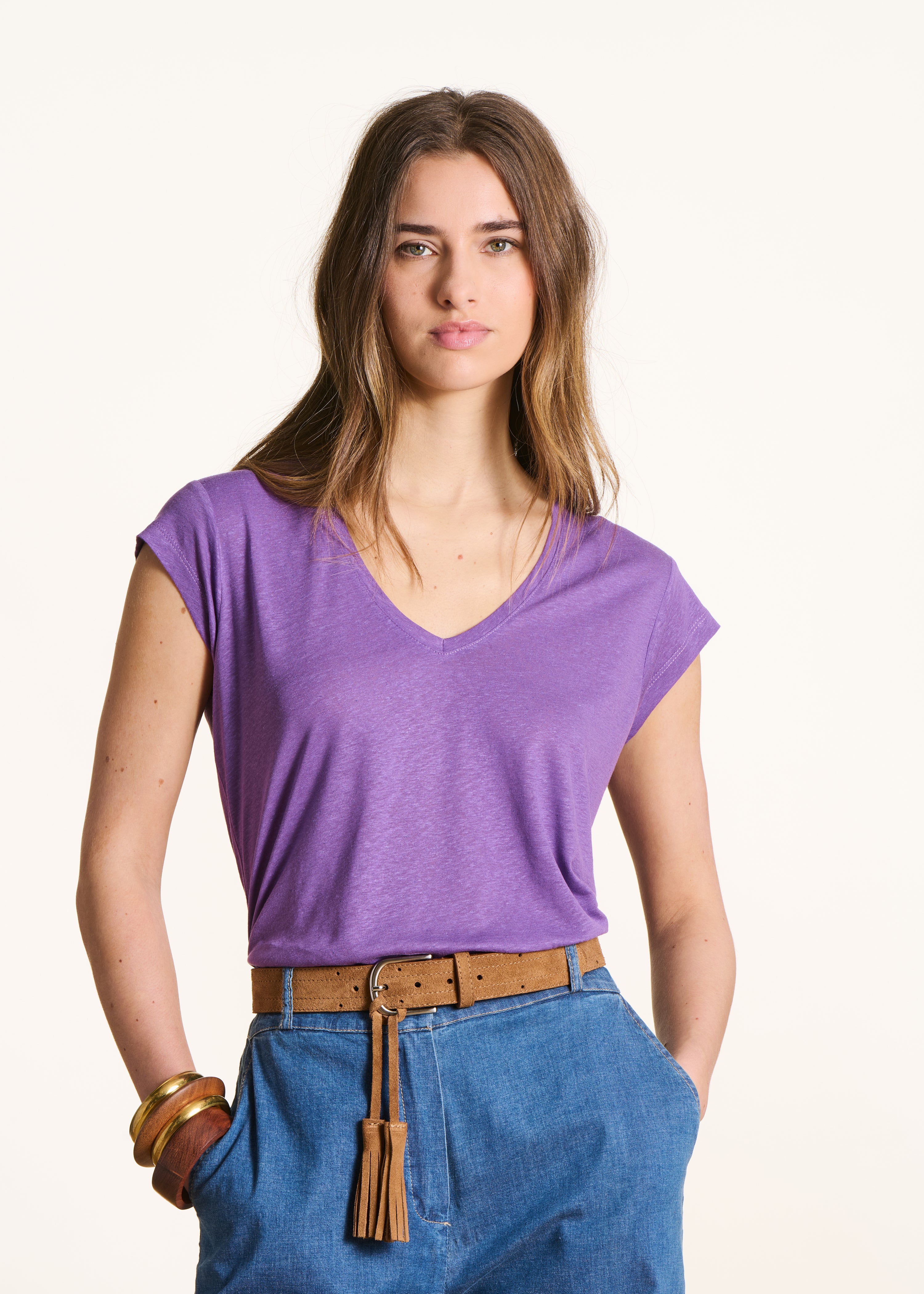 Purple lyocell V-neck short-sleeve T-shirt