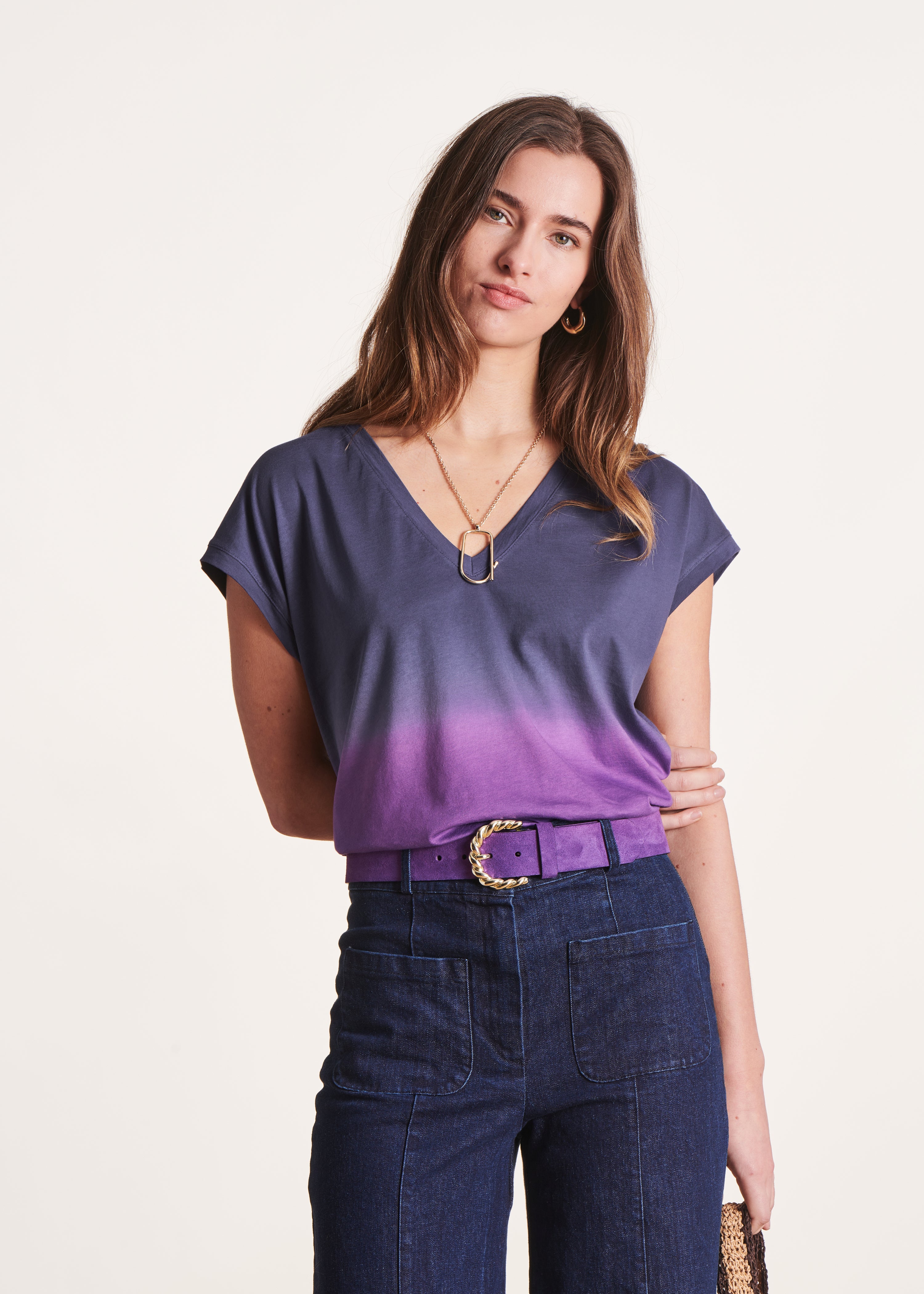 T-shirt ample bleu et violet en coton à manches courtes La Fée