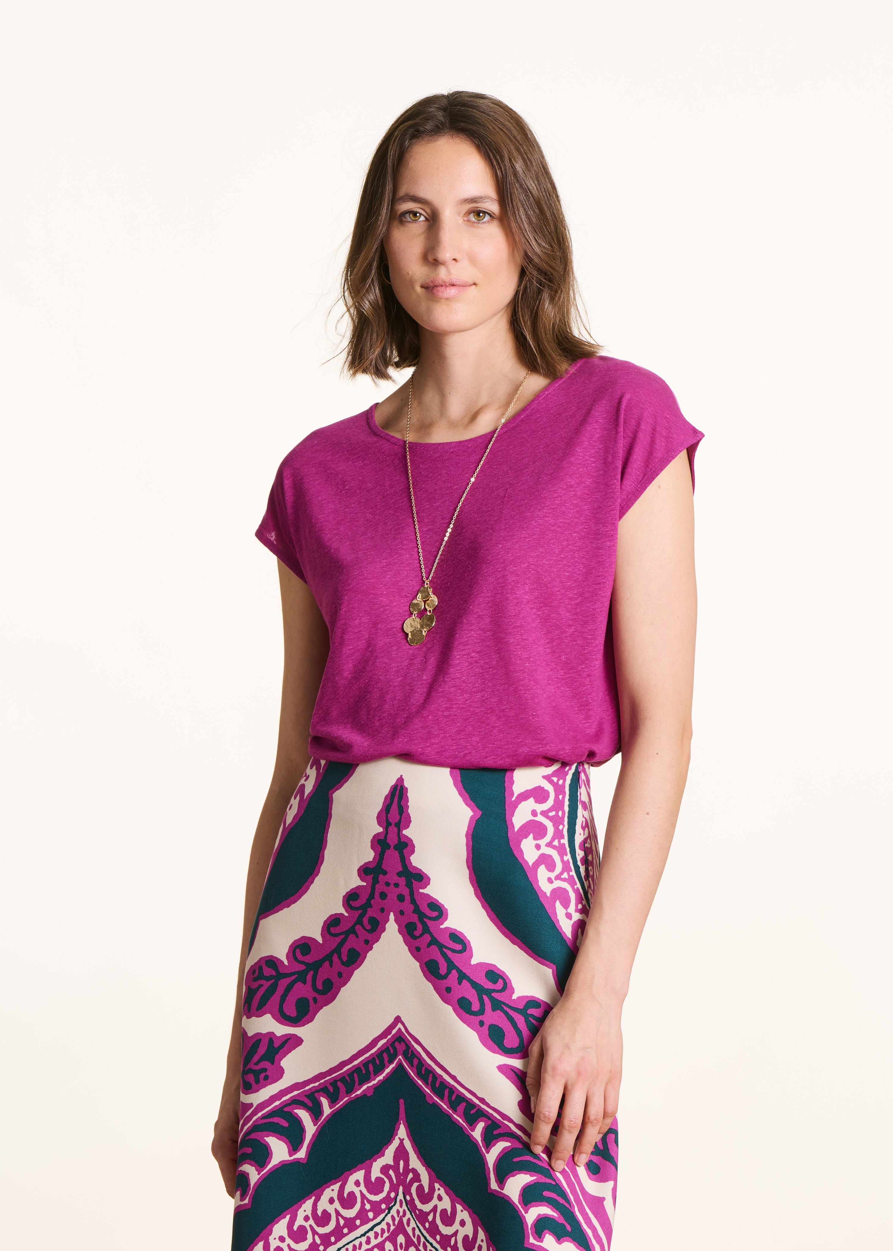 T-shirt droit rose fuchsia col rond en lyocell lin