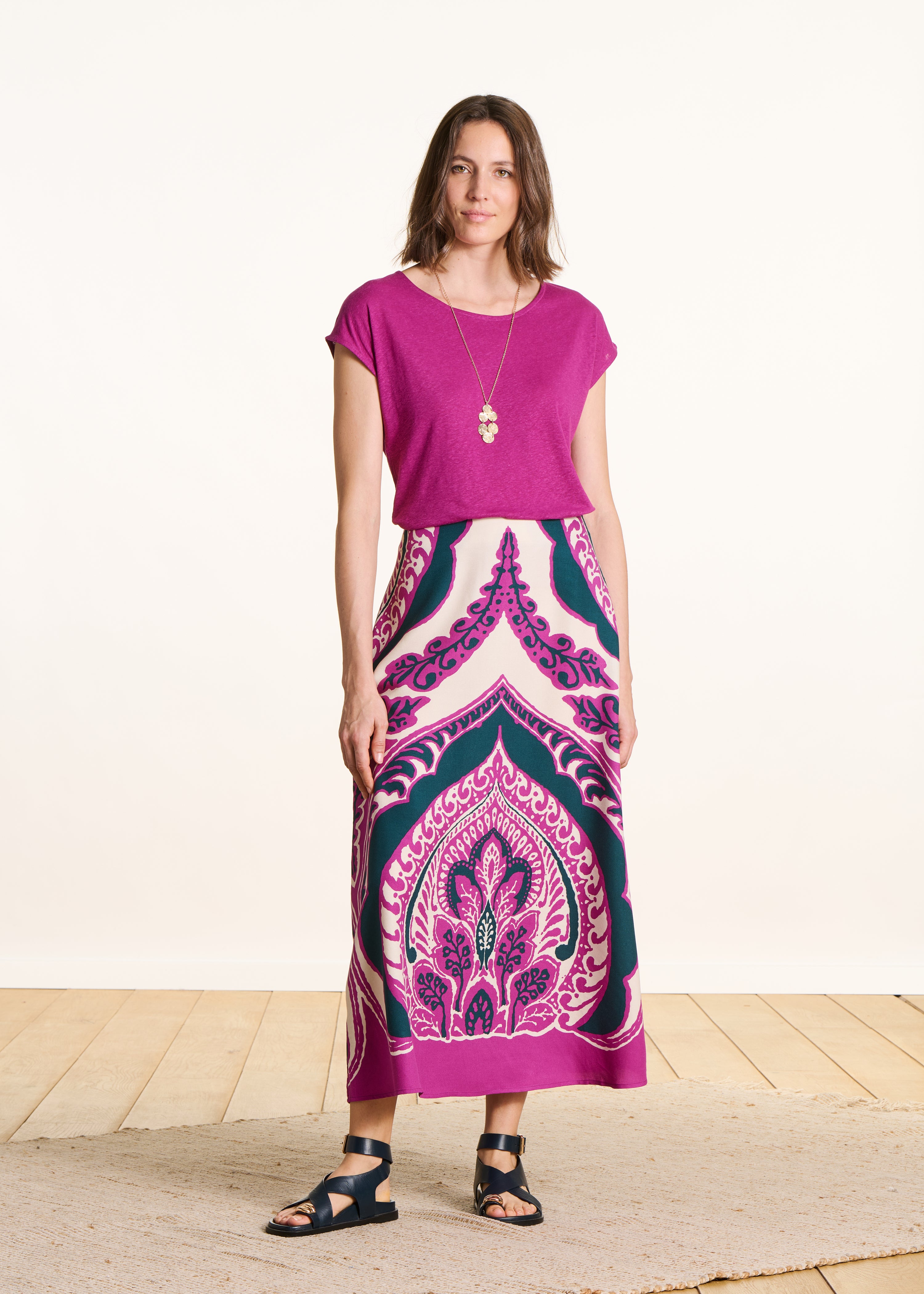 T-shirt droit rose fuchsia col rond en lyocell lin