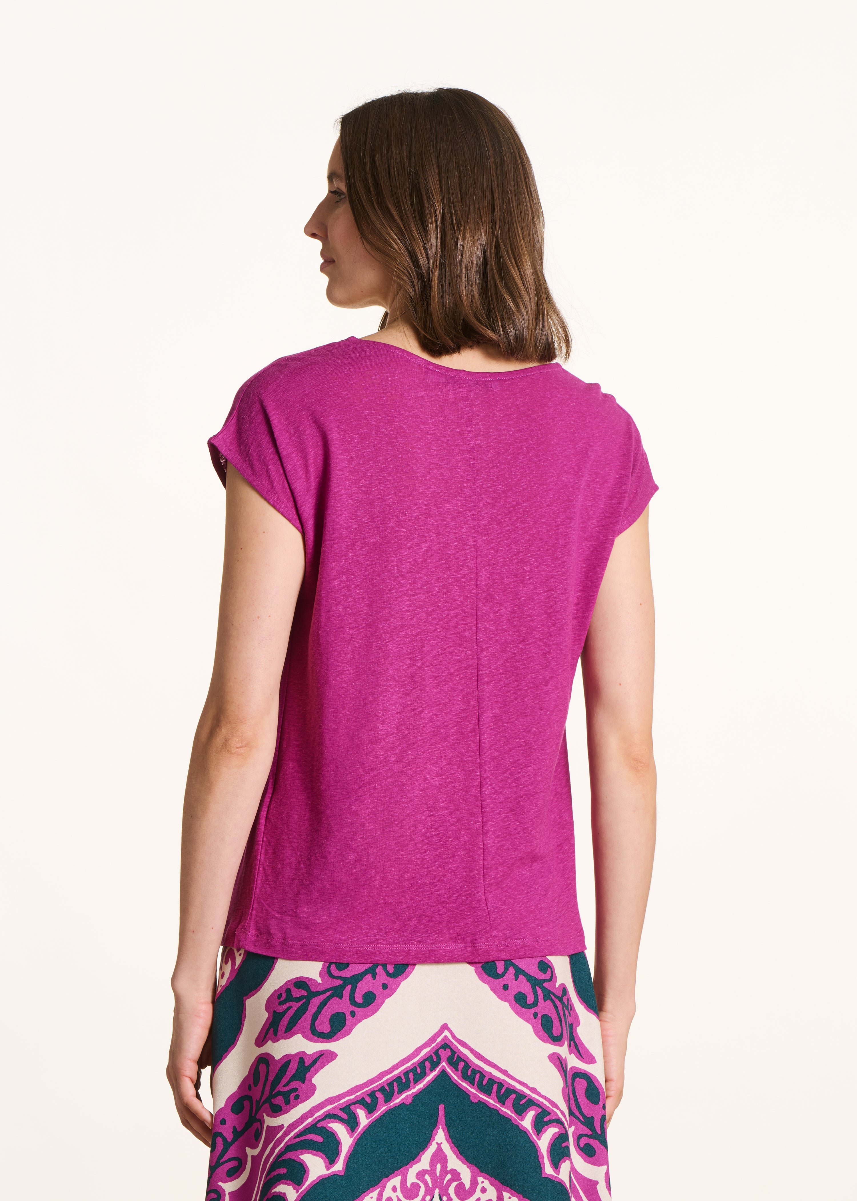 T-shirt droit rose fuchsia col rond en lyocell lin