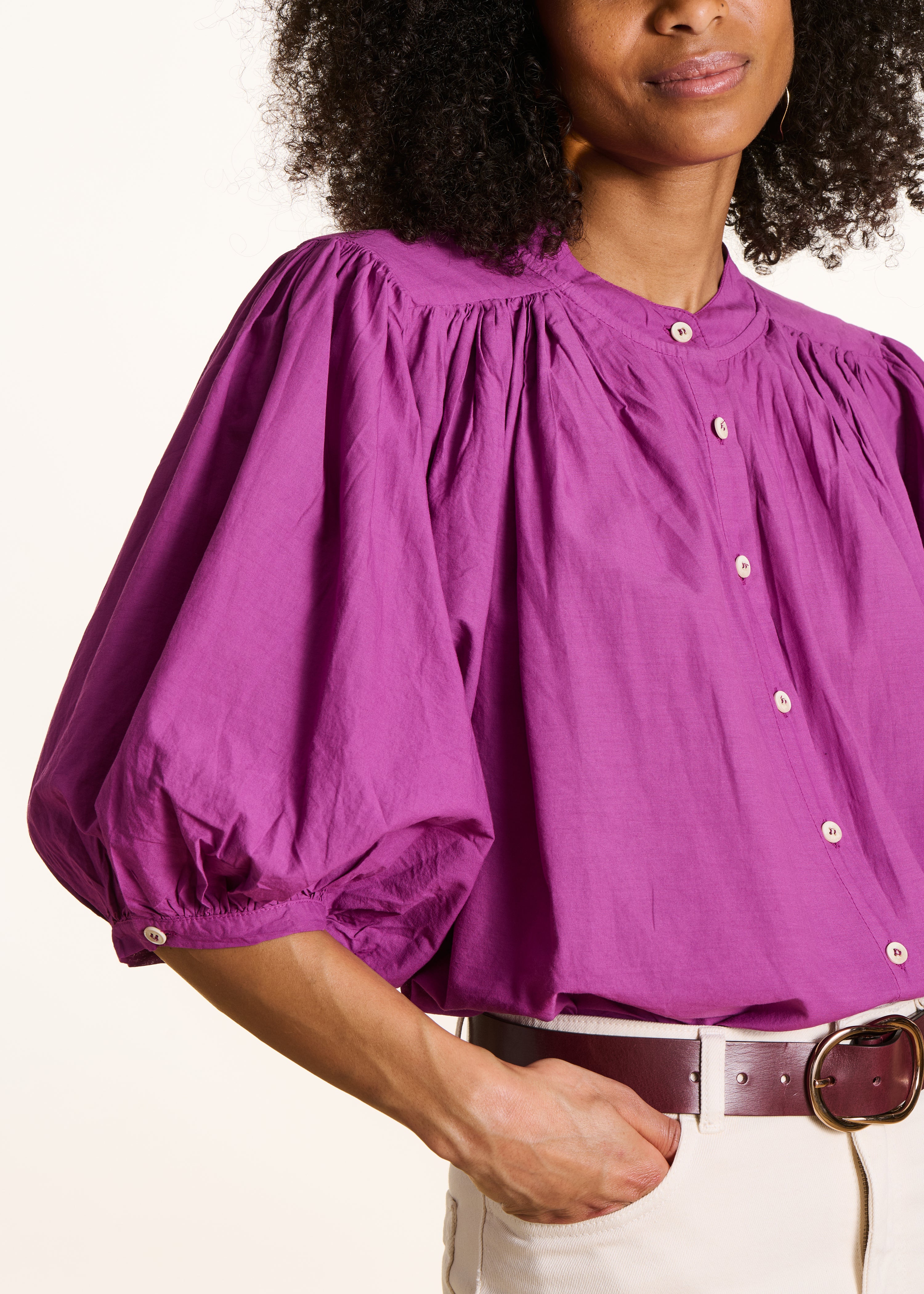 Chemisier rose fuchsia uni en coton manches 3/4