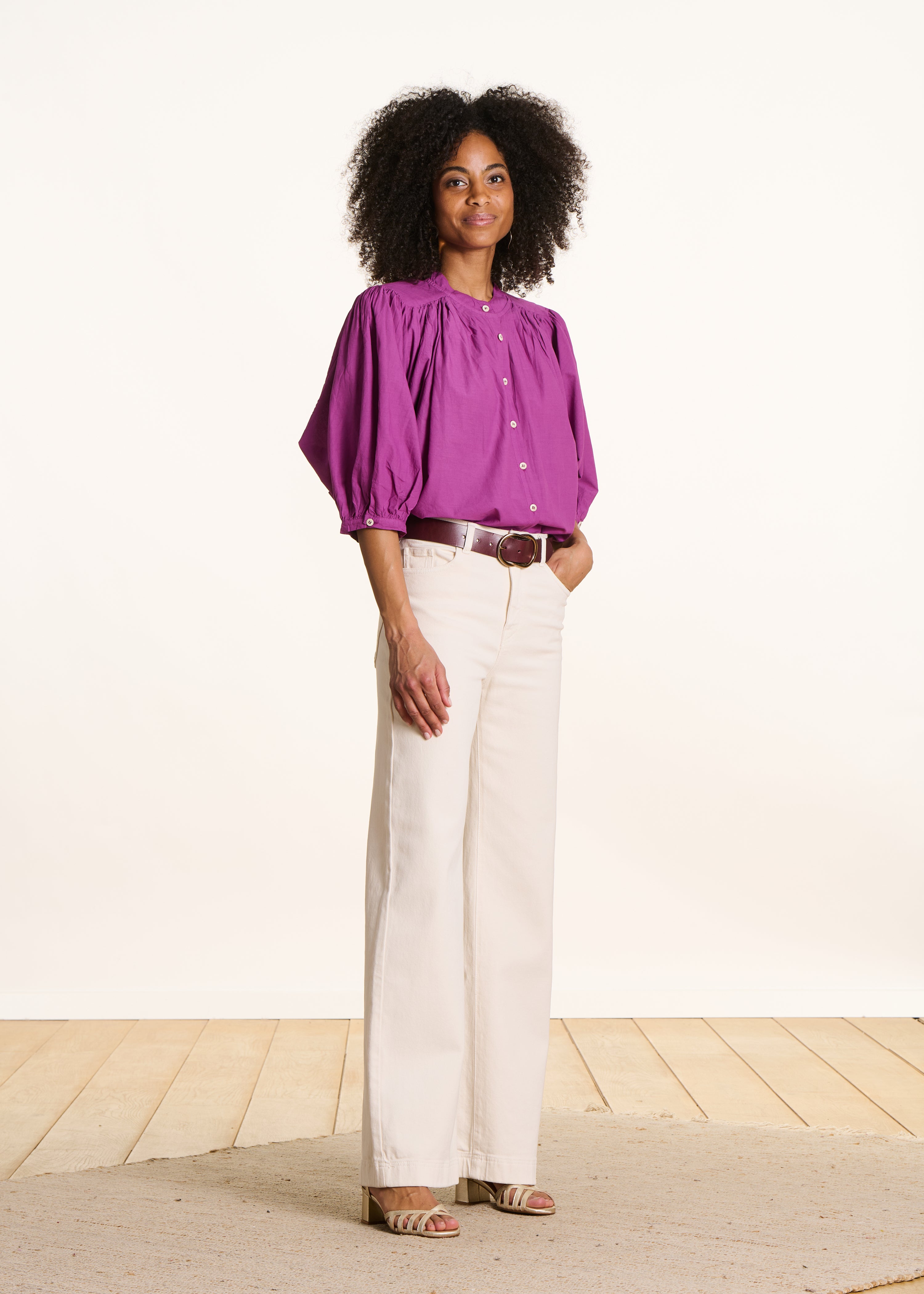 Chemisier rose fuchsia uni en coton manches 3/4
