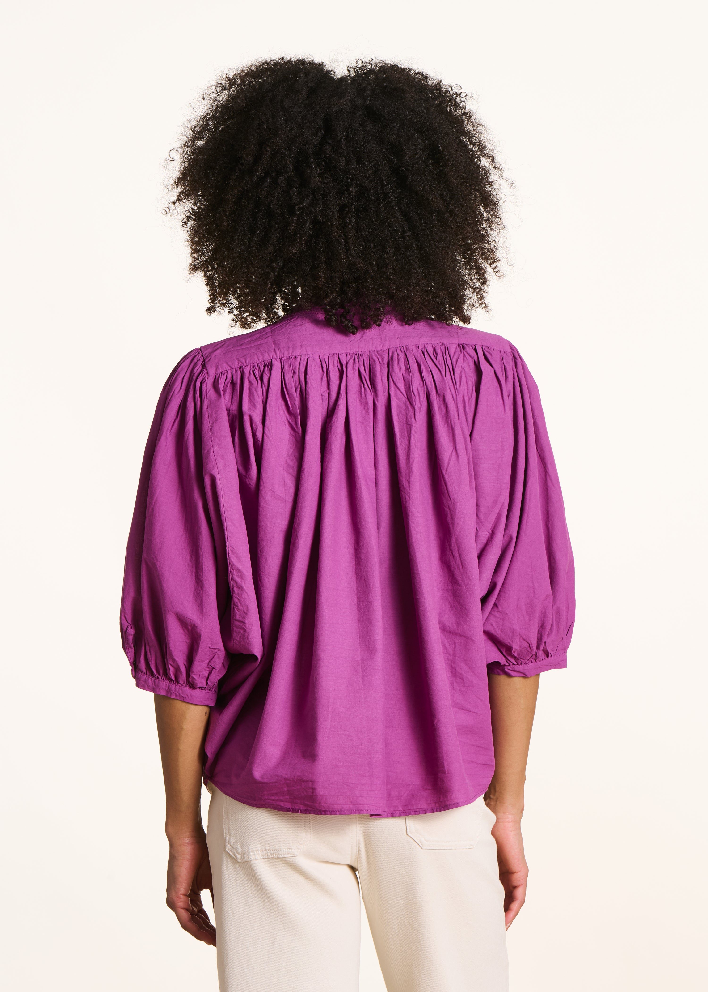 Chemisier rose fuchsia uni en coton manches 3/4