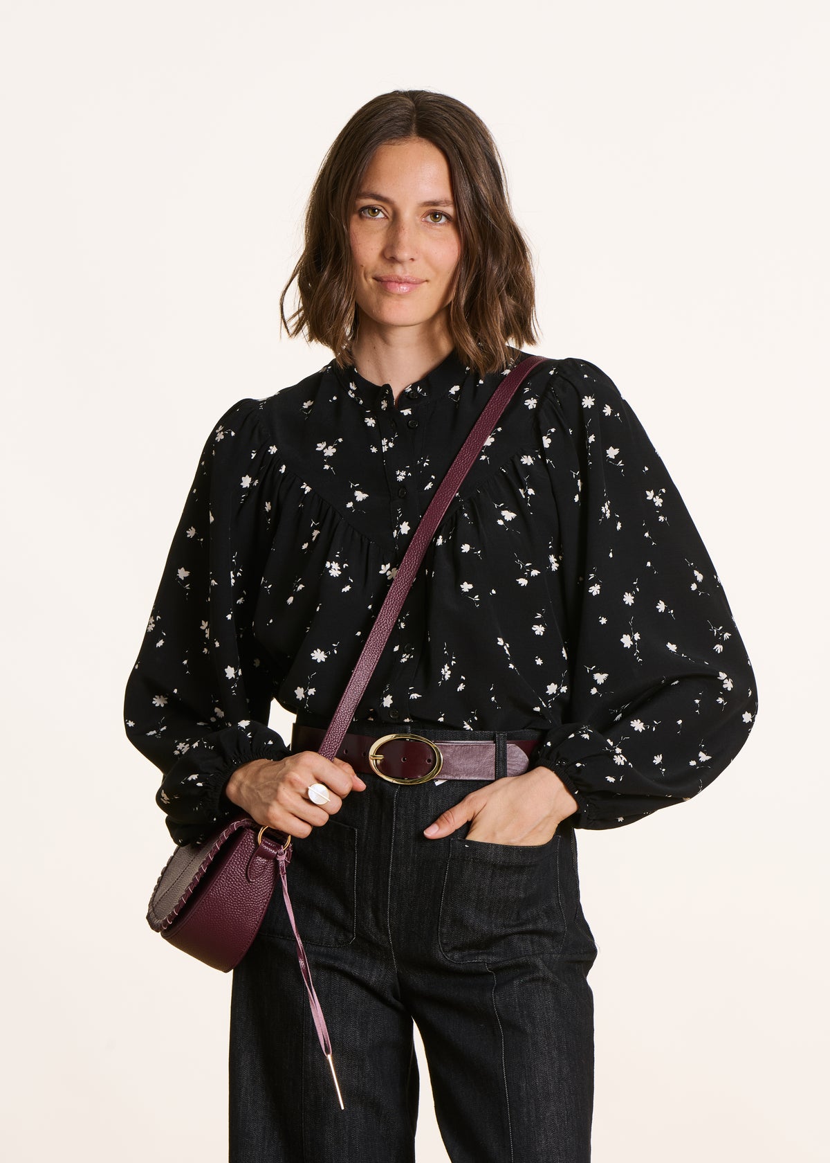 Loose black and white shirt with floral print