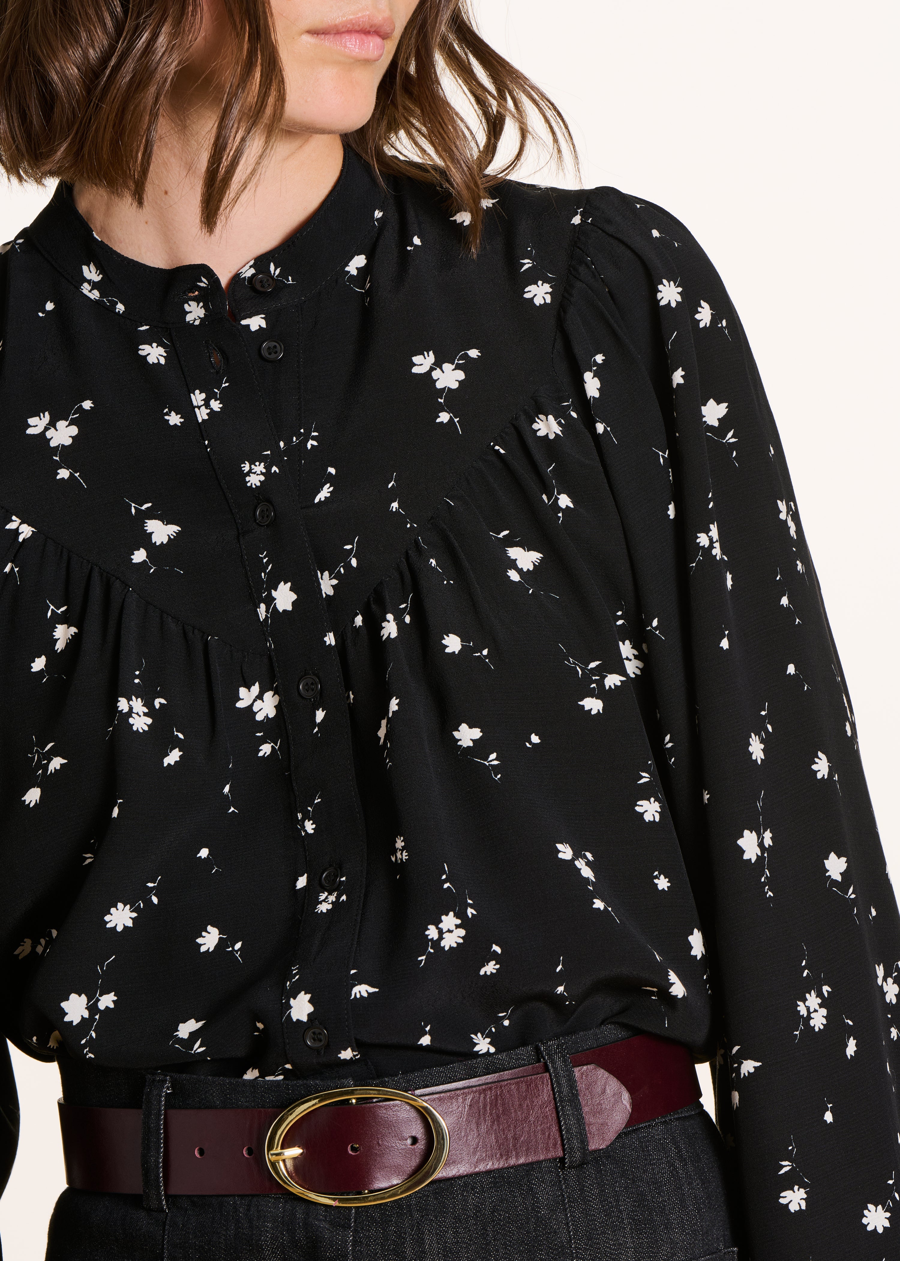 Loose black and white shirt with floral print