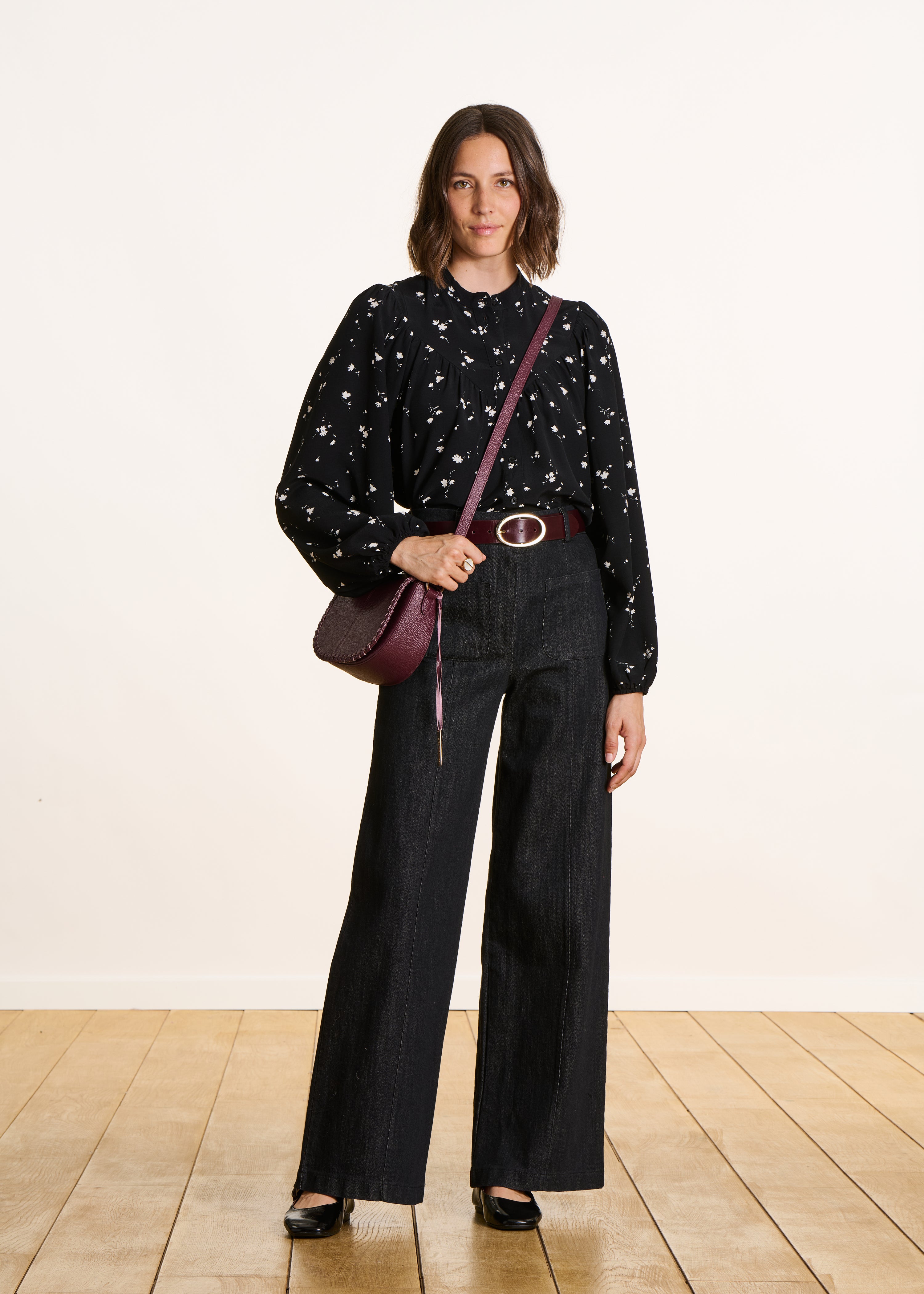 Loose black and white shirt with floral print
