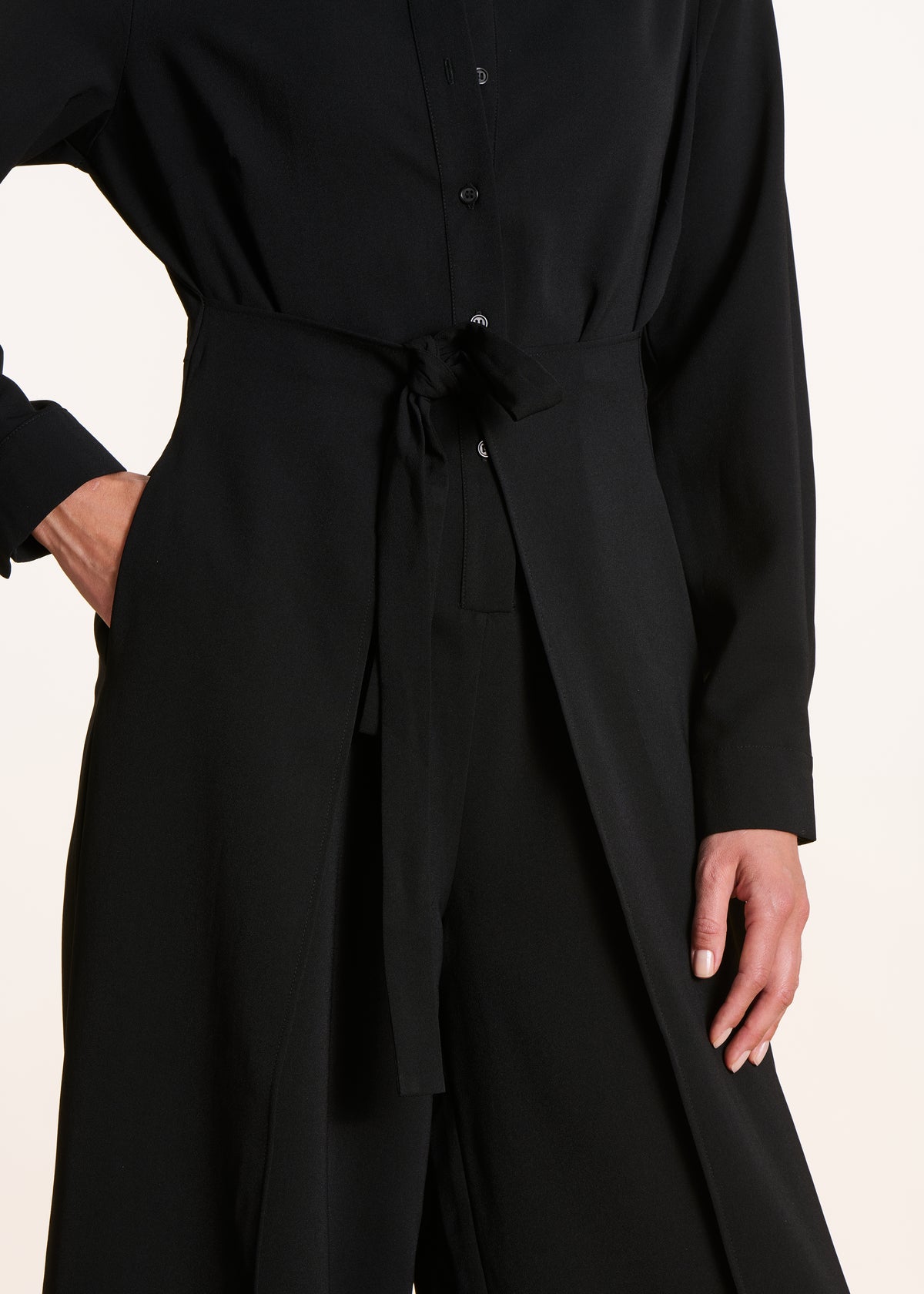 Black long-sleeved jumpsuit with shirt collar