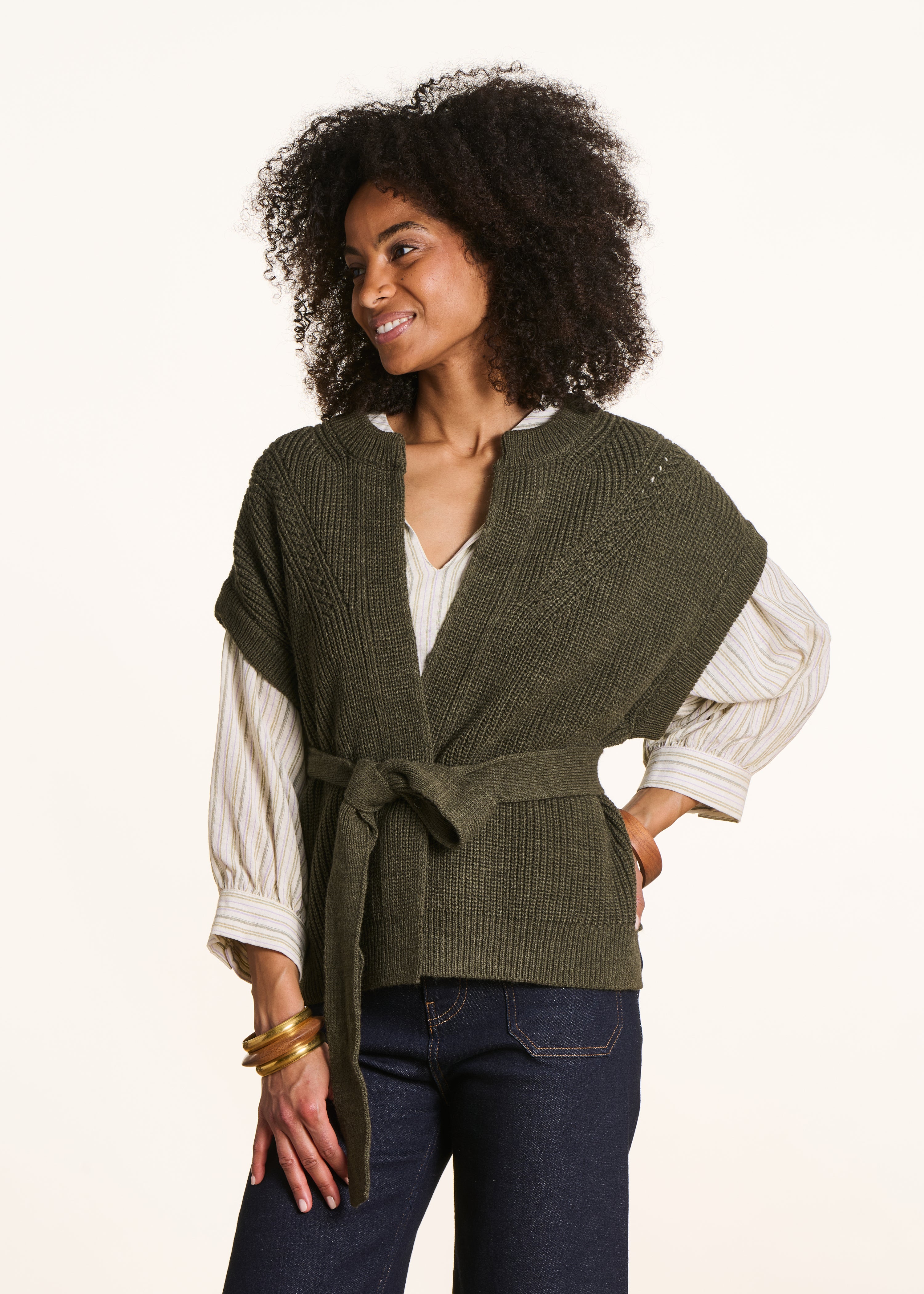 Gilet ceinturé en maille côtes perlées kaki