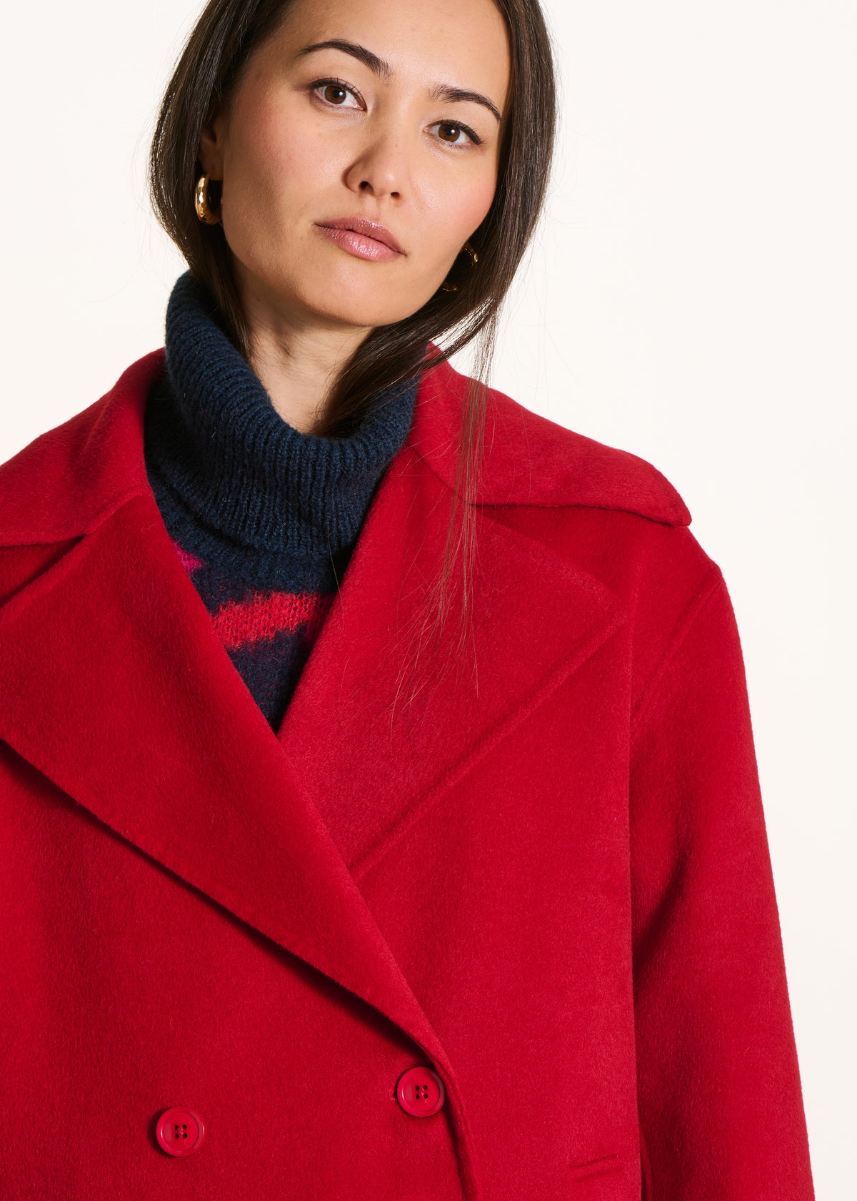 Manteau caban 3/4 rouge en laine