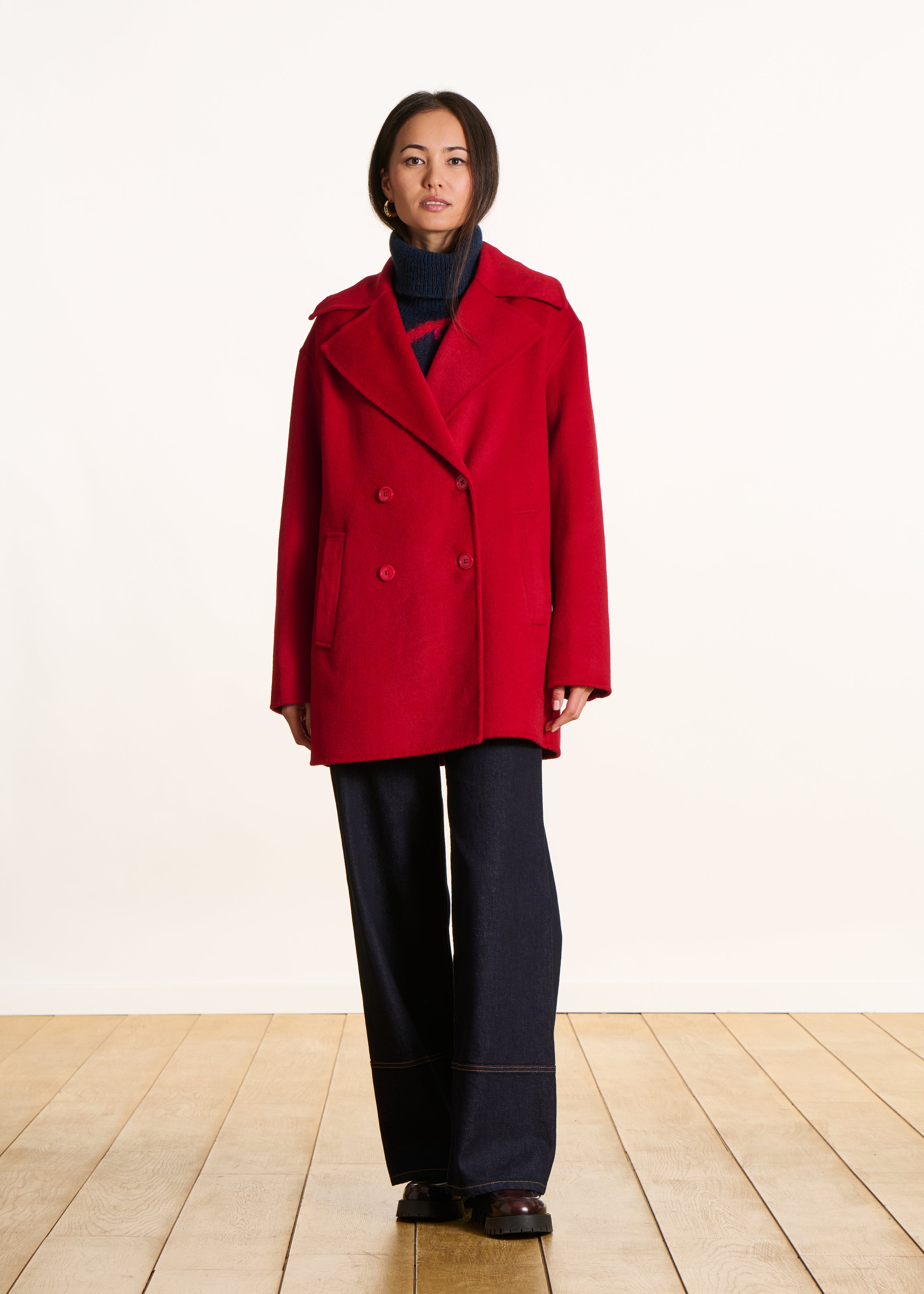 Manteau caban 3/4 rouge en laine