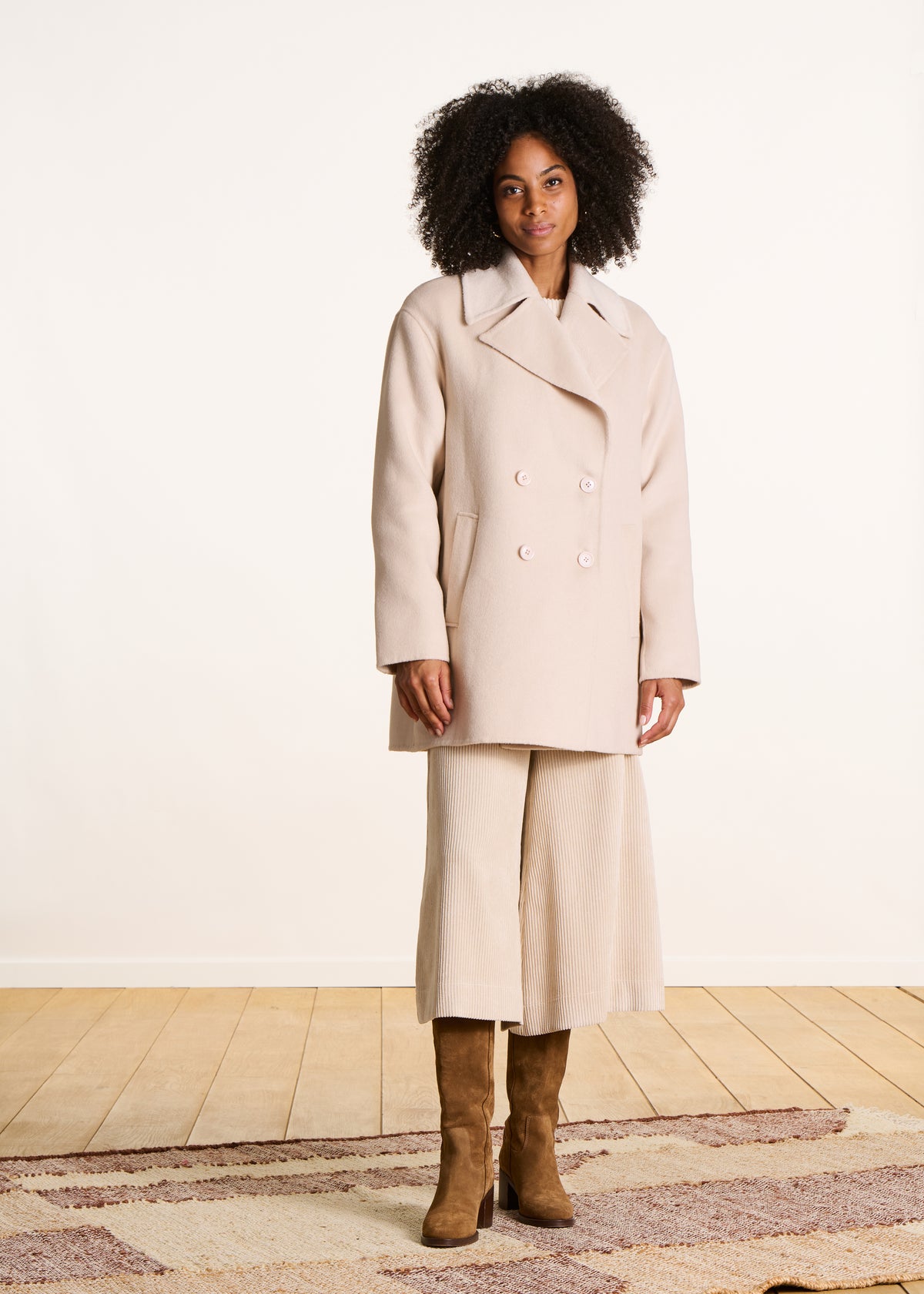 Manteau caban 3/4 écru en laine