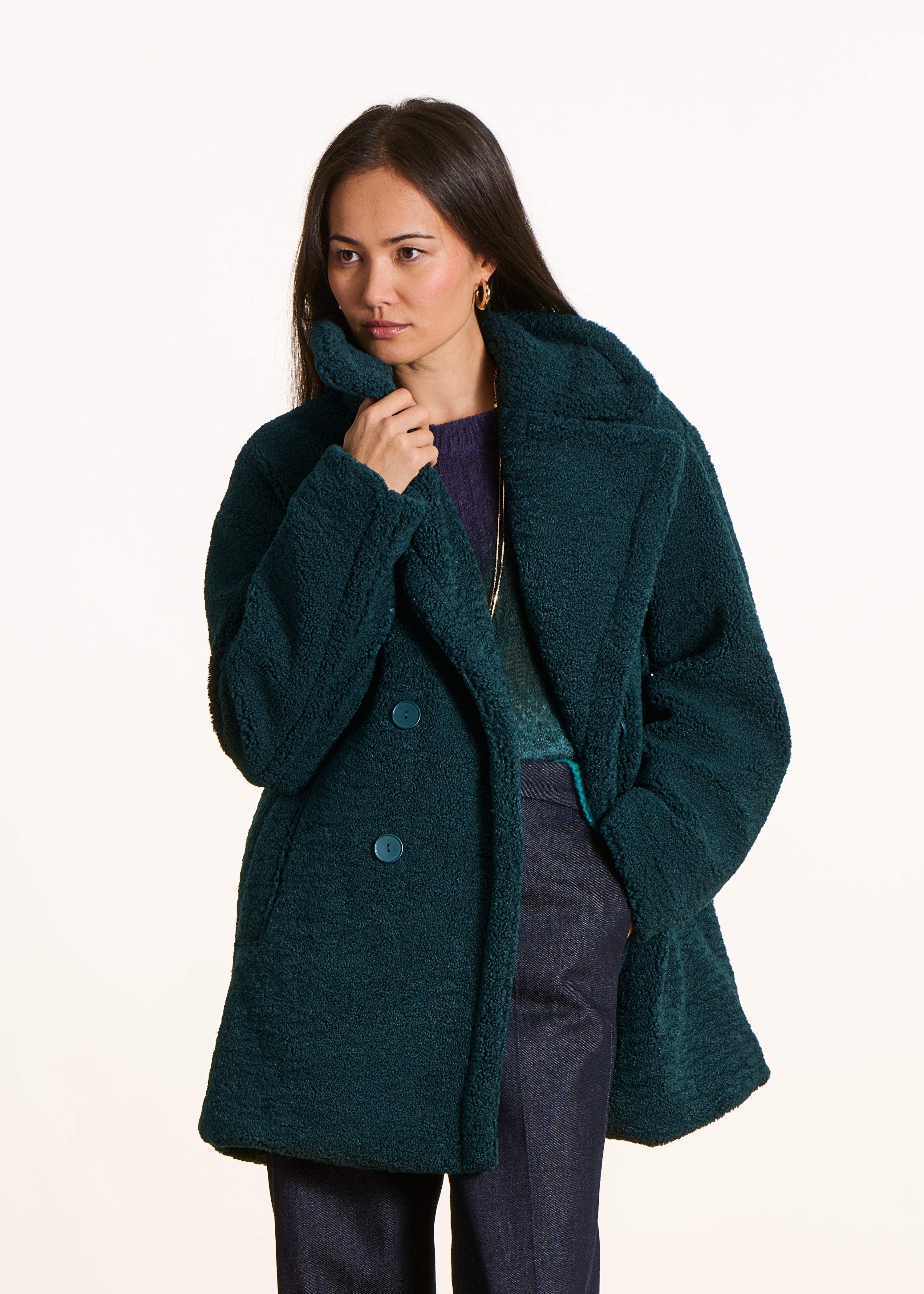Abrigo caban 3/4 verde de bouclé
