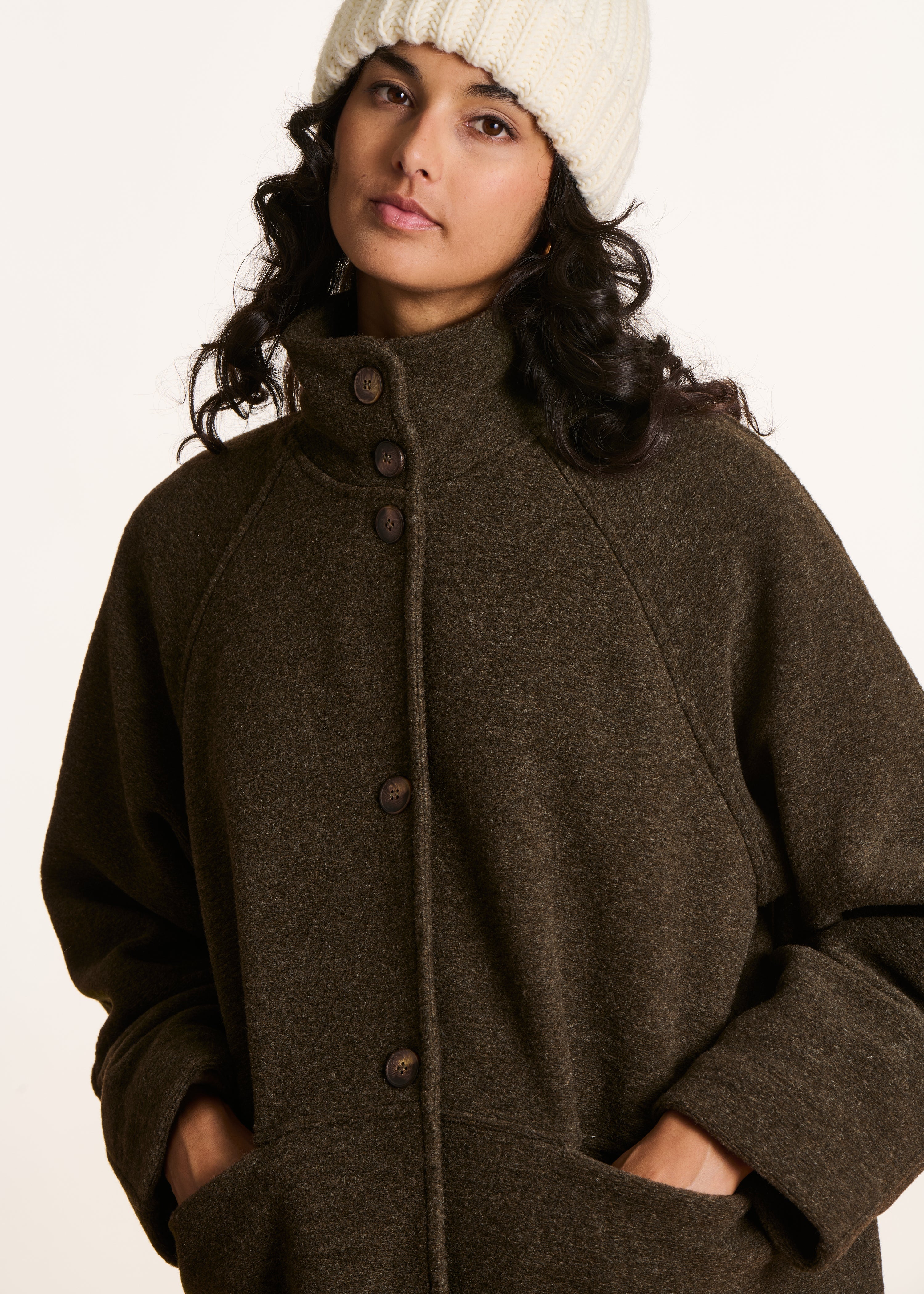 Cappotto ampio 3/4 marrone in lana cotta