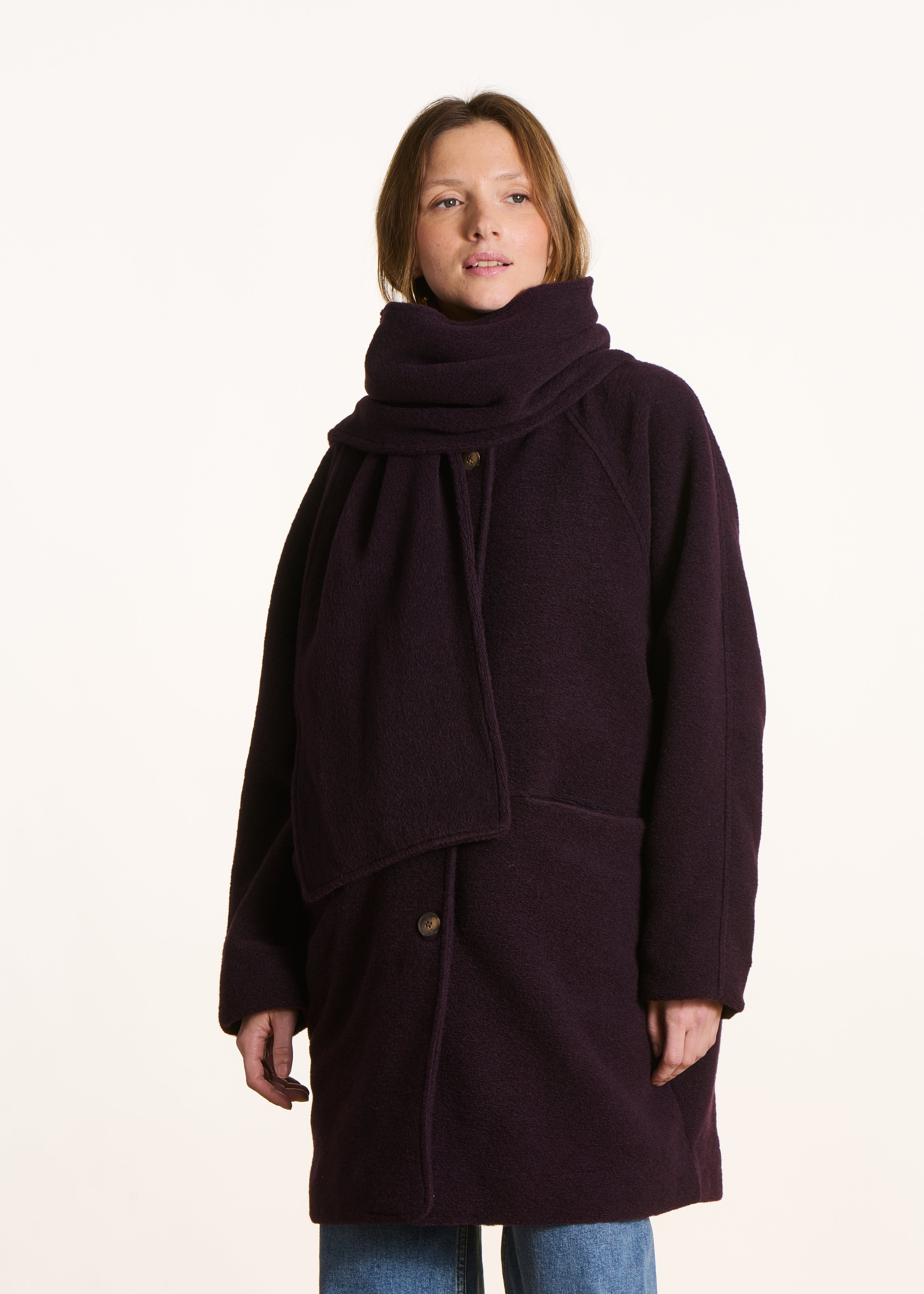 Manteau 3/4 ample prune en laine mélangée