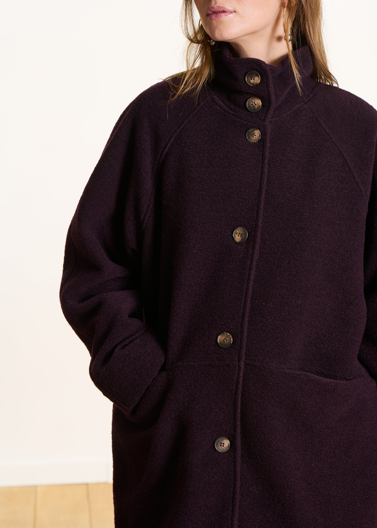 Manteau 3/4 ample prune en laine mélangée