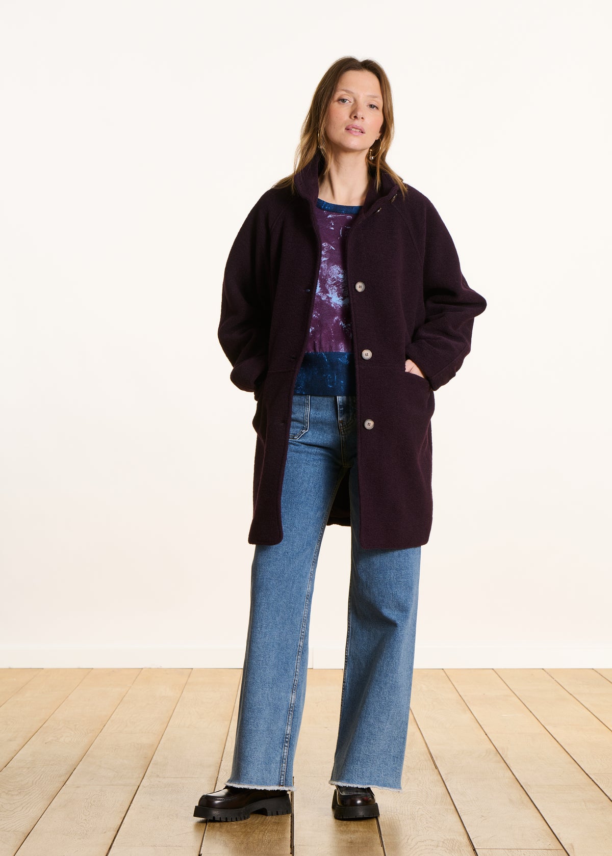 Manteau 3/4 ample prune en laine mélangée