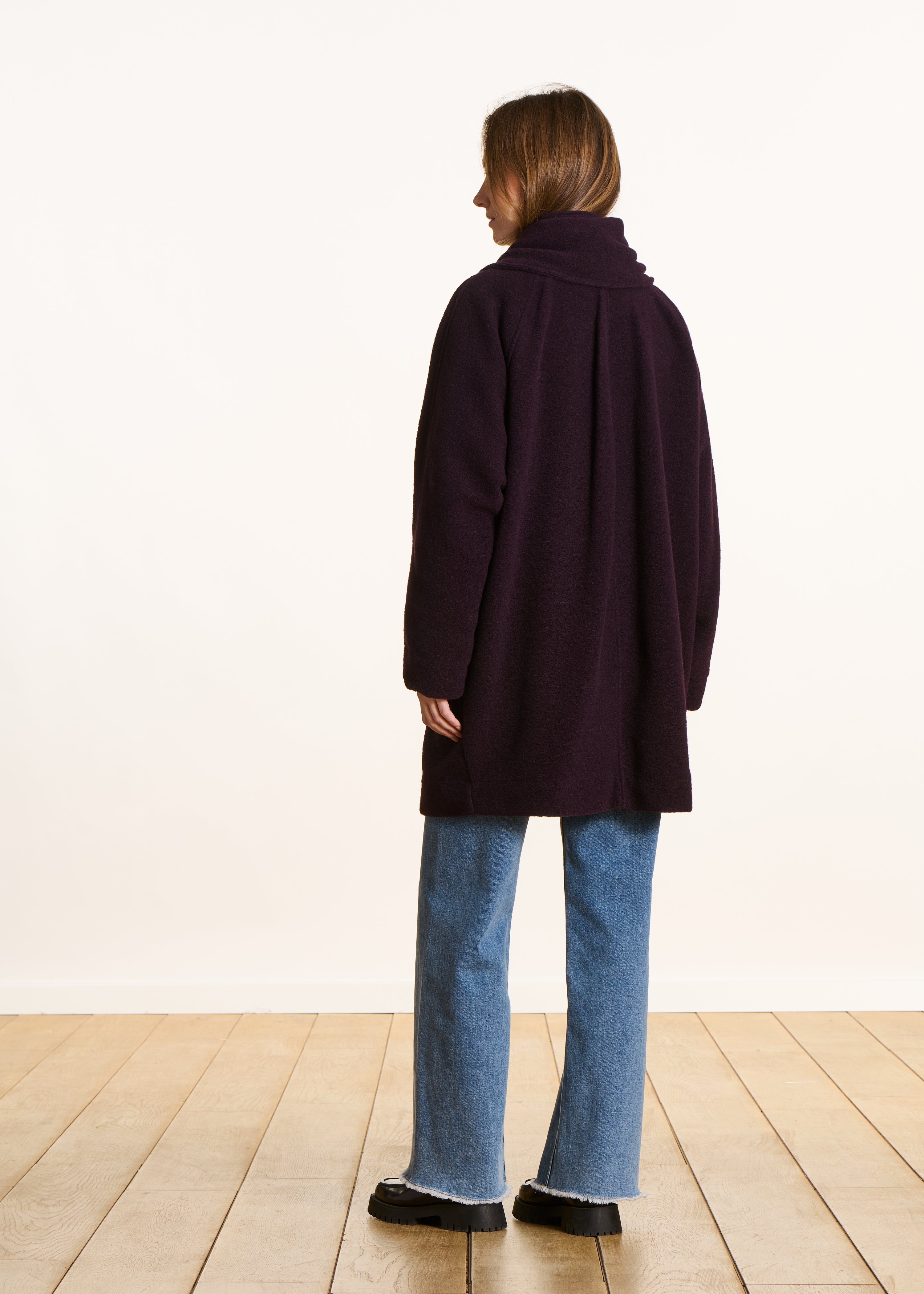 Manteau 3/4 ample prune en laine mélangée