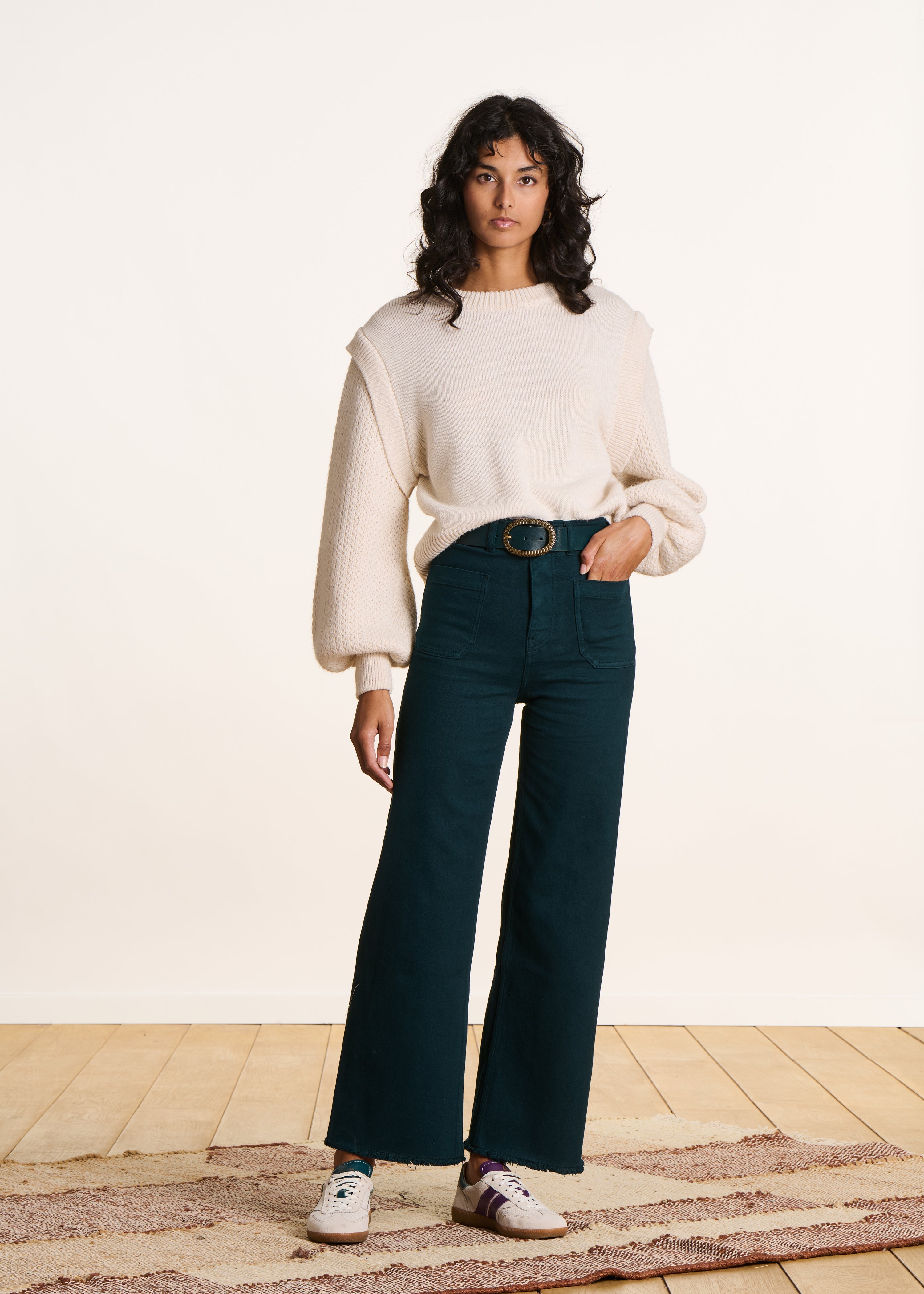 petrolblauwe flare jeans met hoge taille van organisch katoen