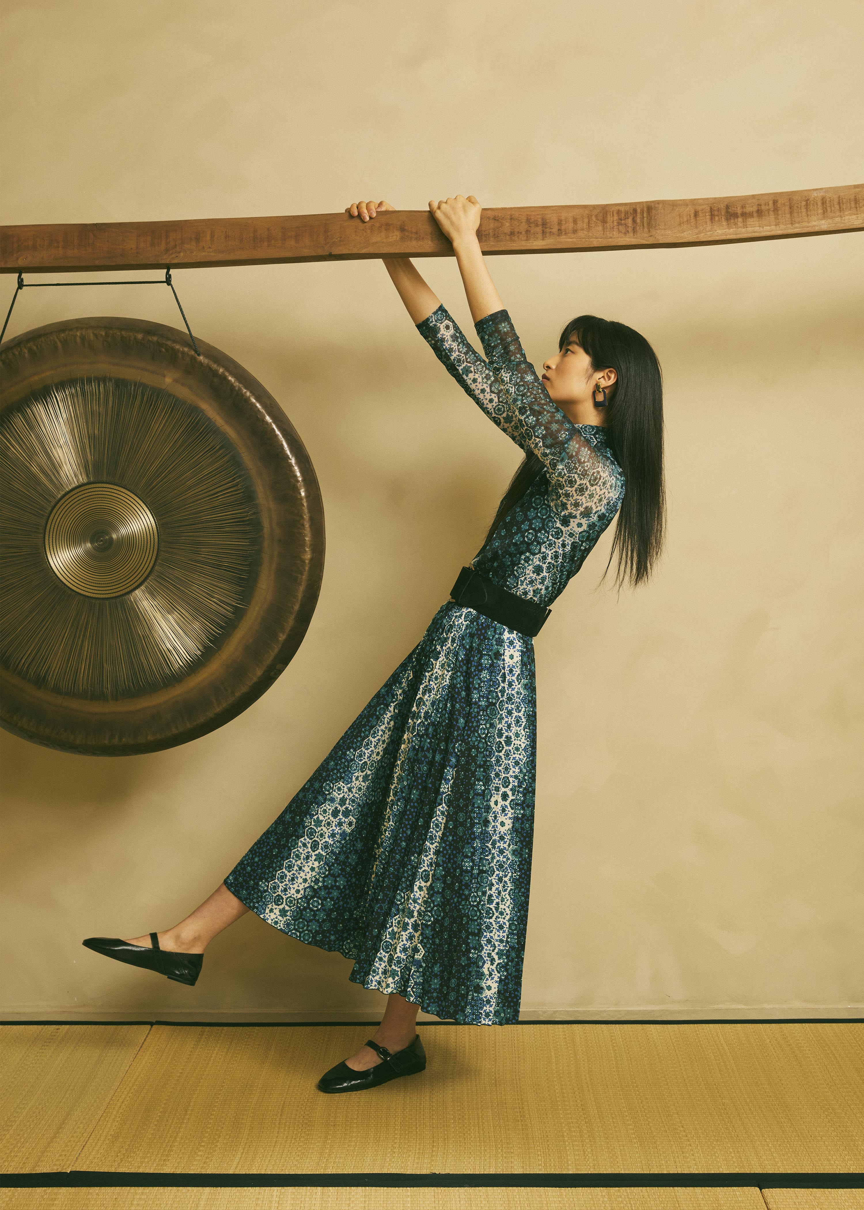 Full pleated midi skirt in petrol blue with print La Fée Maraboutée