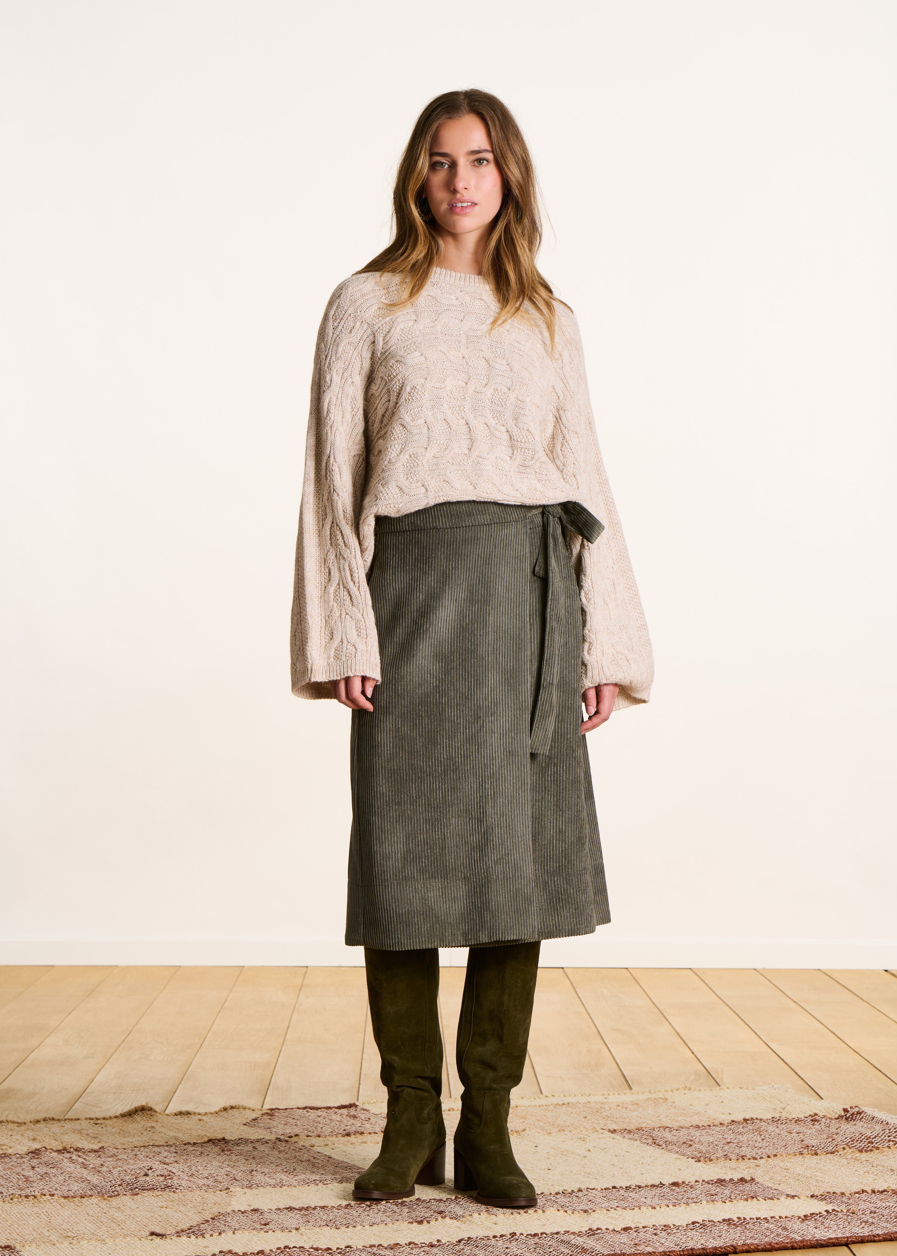 Mid-length wrap skirt in khaki corduroy velvet La Fée Maraboutée